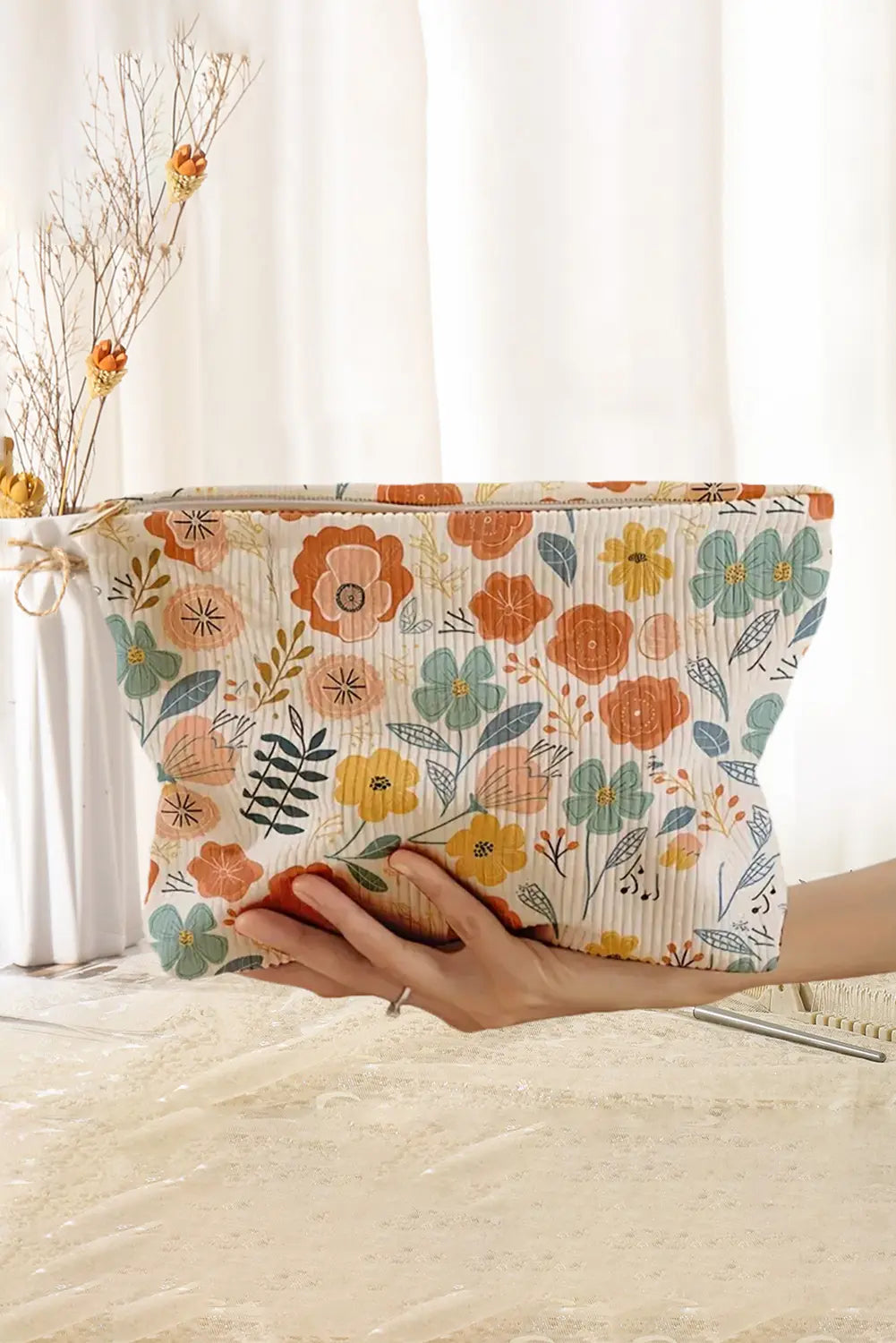 Floral Print Zipper Ribbed Cosmetic Storage Bag