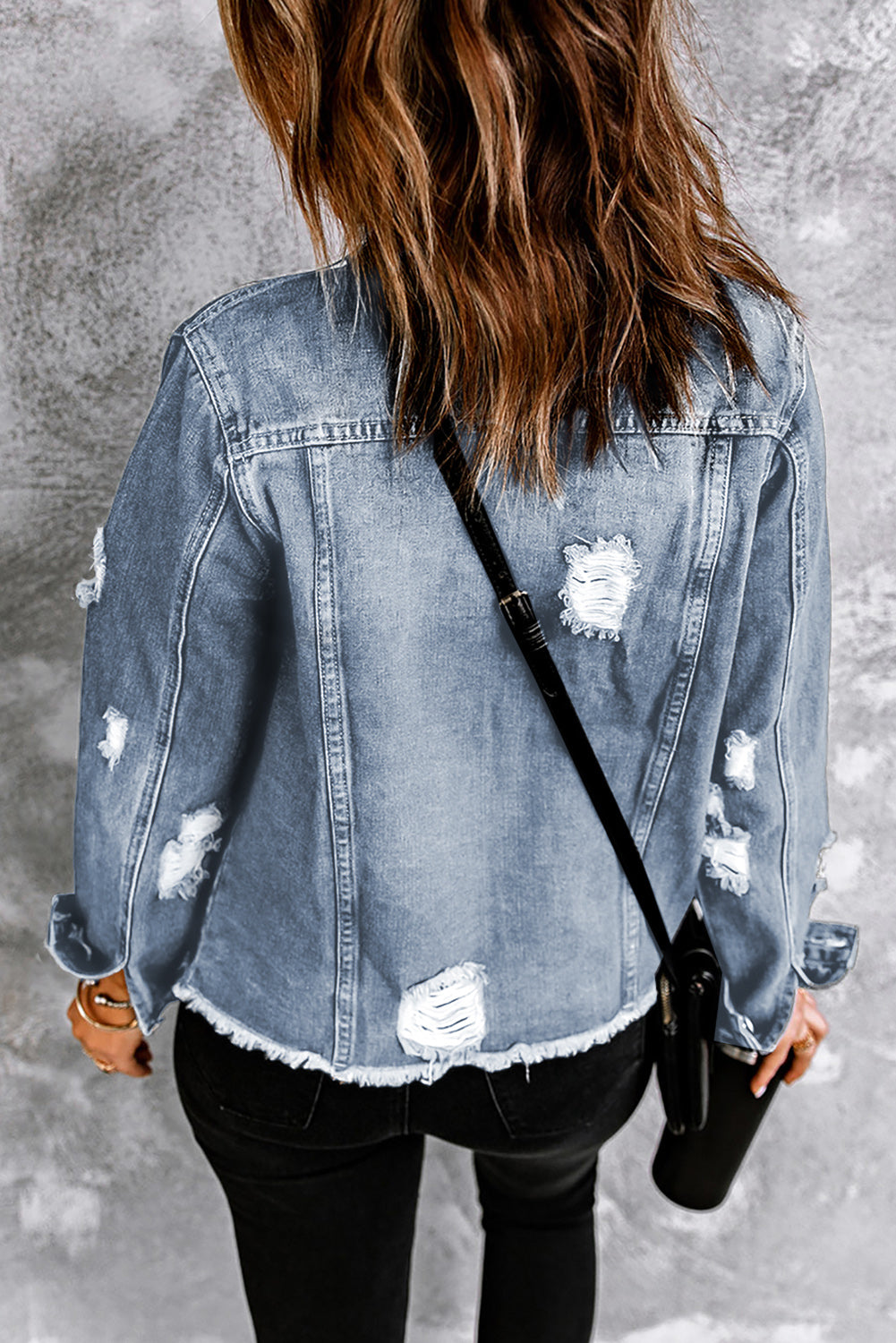 Blue Lapel Distressed Raw Hem Buttons Denim Jacket BB Fashion Outlet