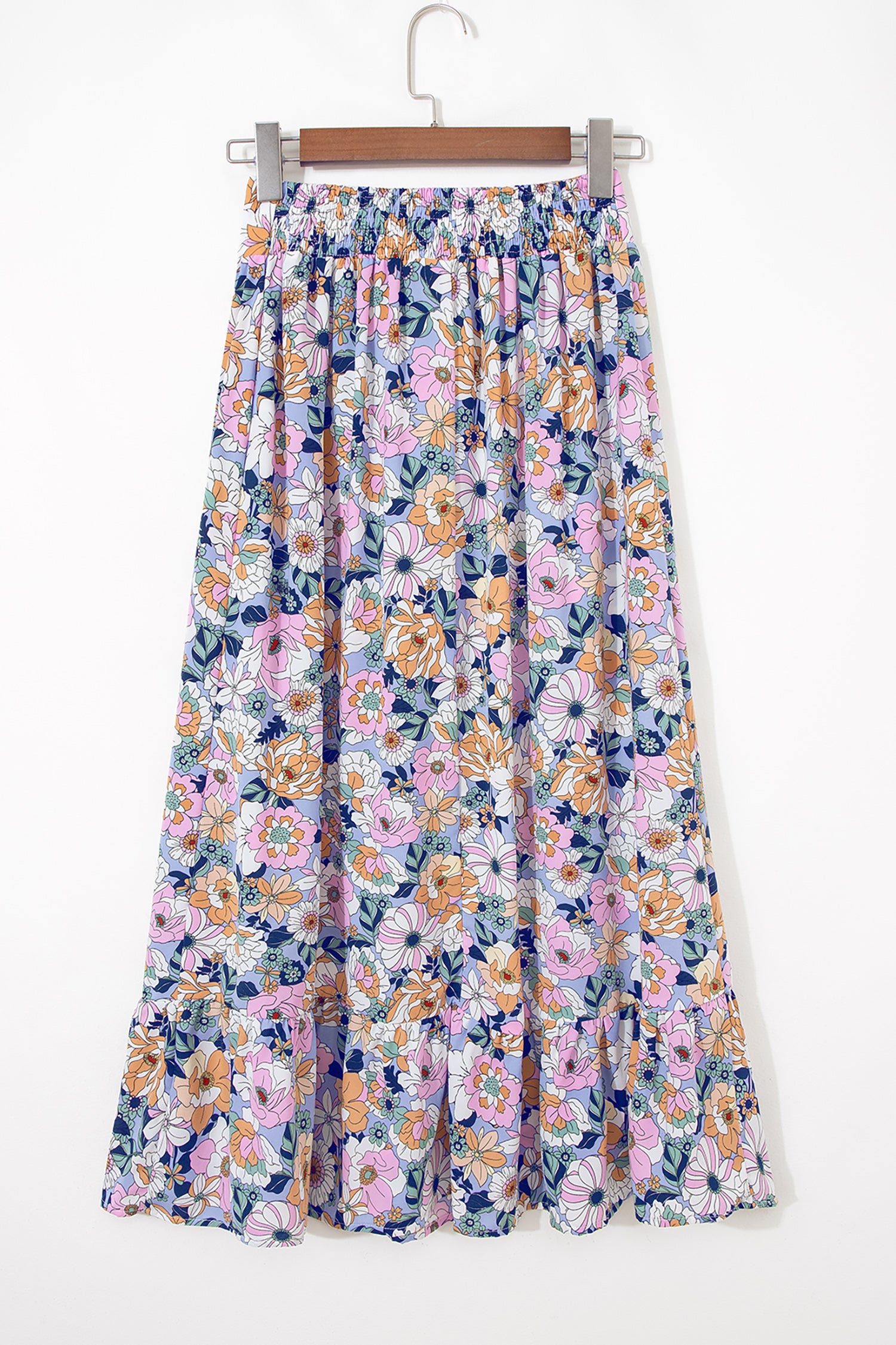 Pink Floral Print Lace-up High Waist Ruffle Hem Maxi Skirt