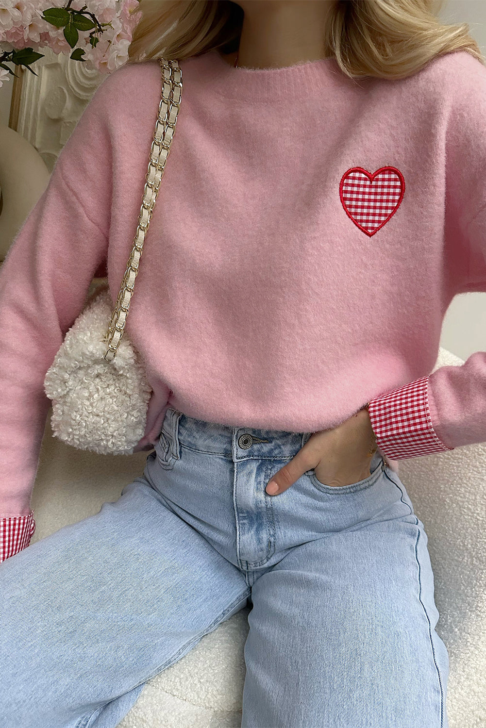 Heart Embroidered Cuffed Drop Shoulder Sweater - Sweaters & Cardigans/Sweaters