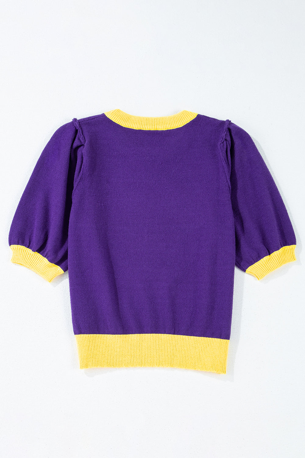 Red Sequin Rugby Colour Block Puff Short Sleeve Sweater eAura