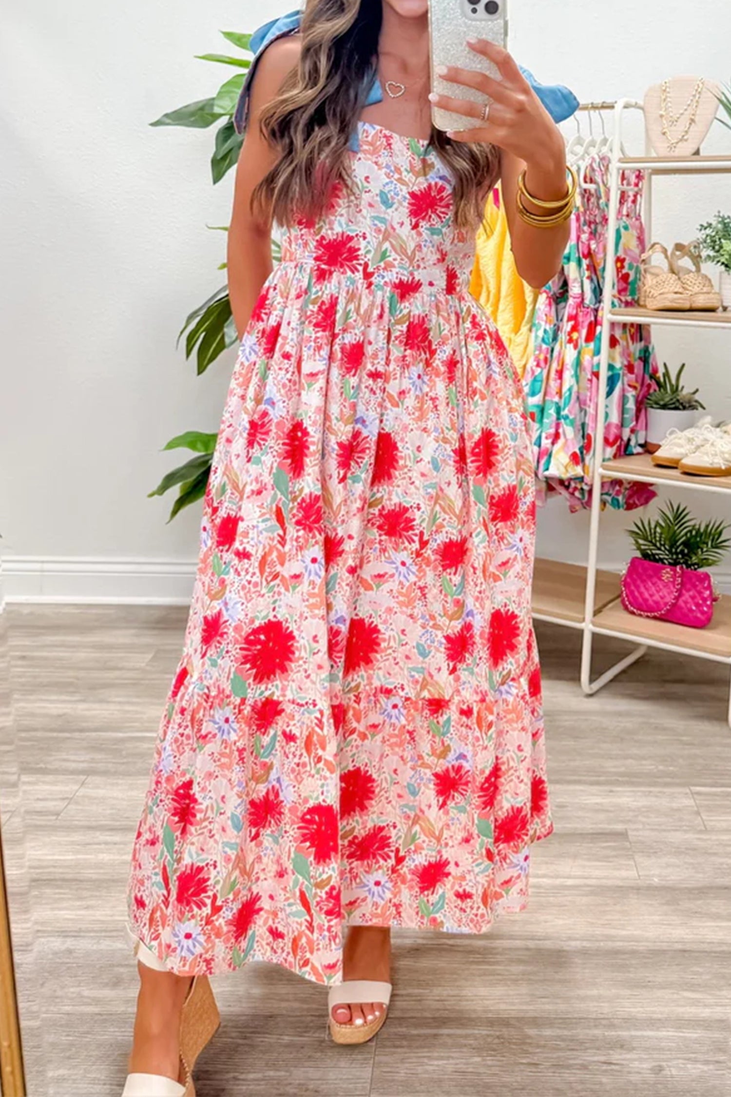 Floral Print Contrast Stitched Knot Denim Straps Maxi Dress