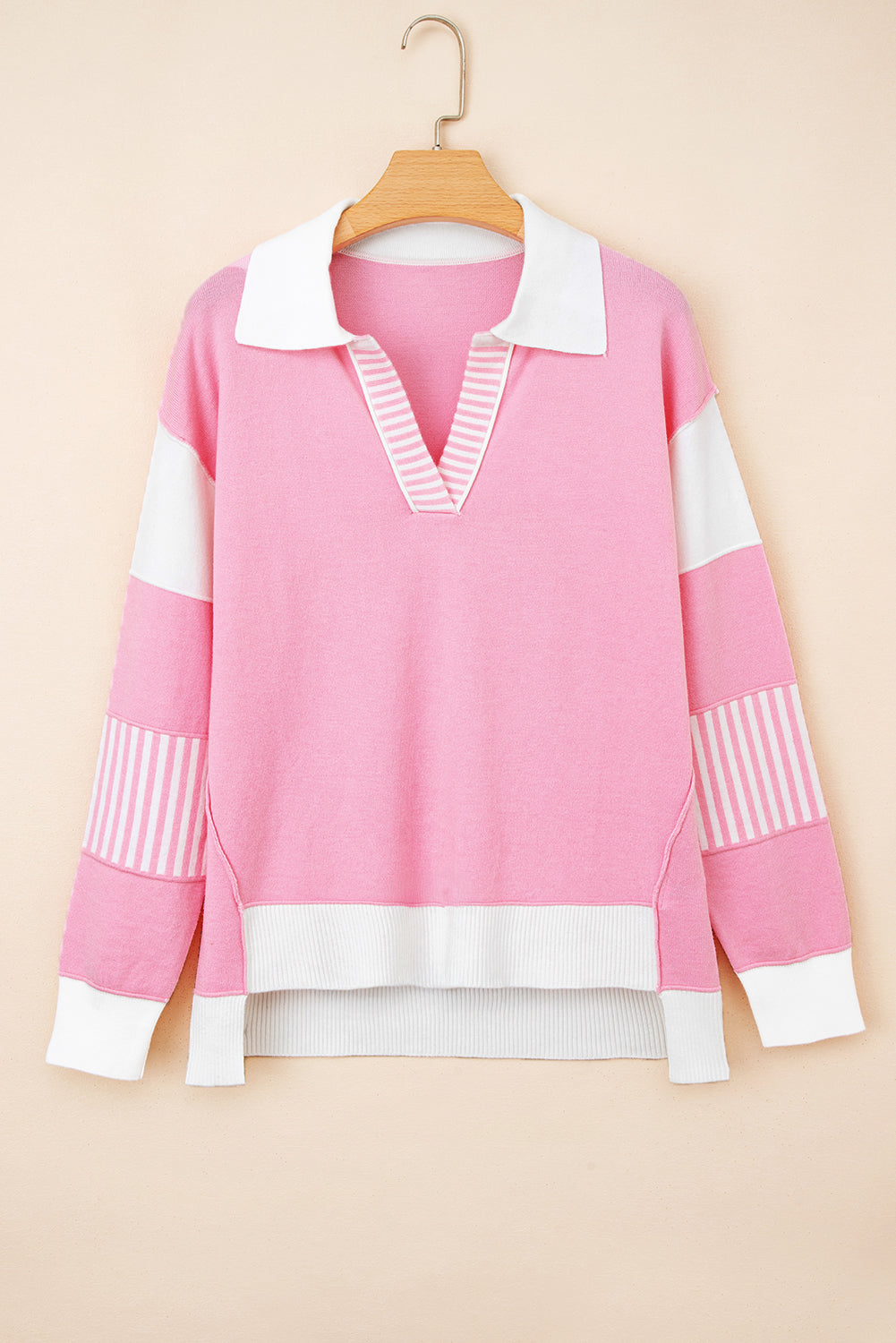 Contrasting Polo Collar Colour Block Knit Drop Shoulder Sweater - Sweaters & Cardigans/Sweaters