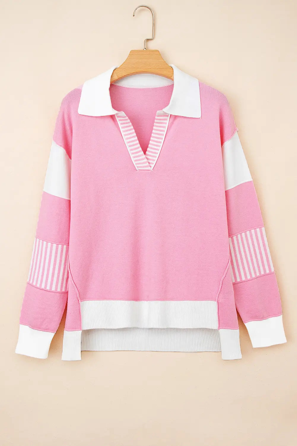 Contrasting Polo Collar Colour Block Knit Drop Shoulder Sweater - Sweaters & Cardigans/Sweaters