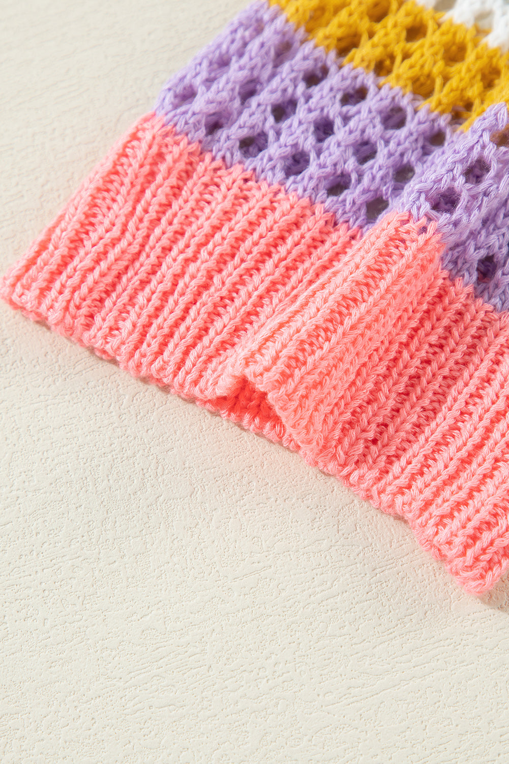 Pink Stripe Colourblock Hollowed Crochet 3/4 Sleeve Sweater eAura