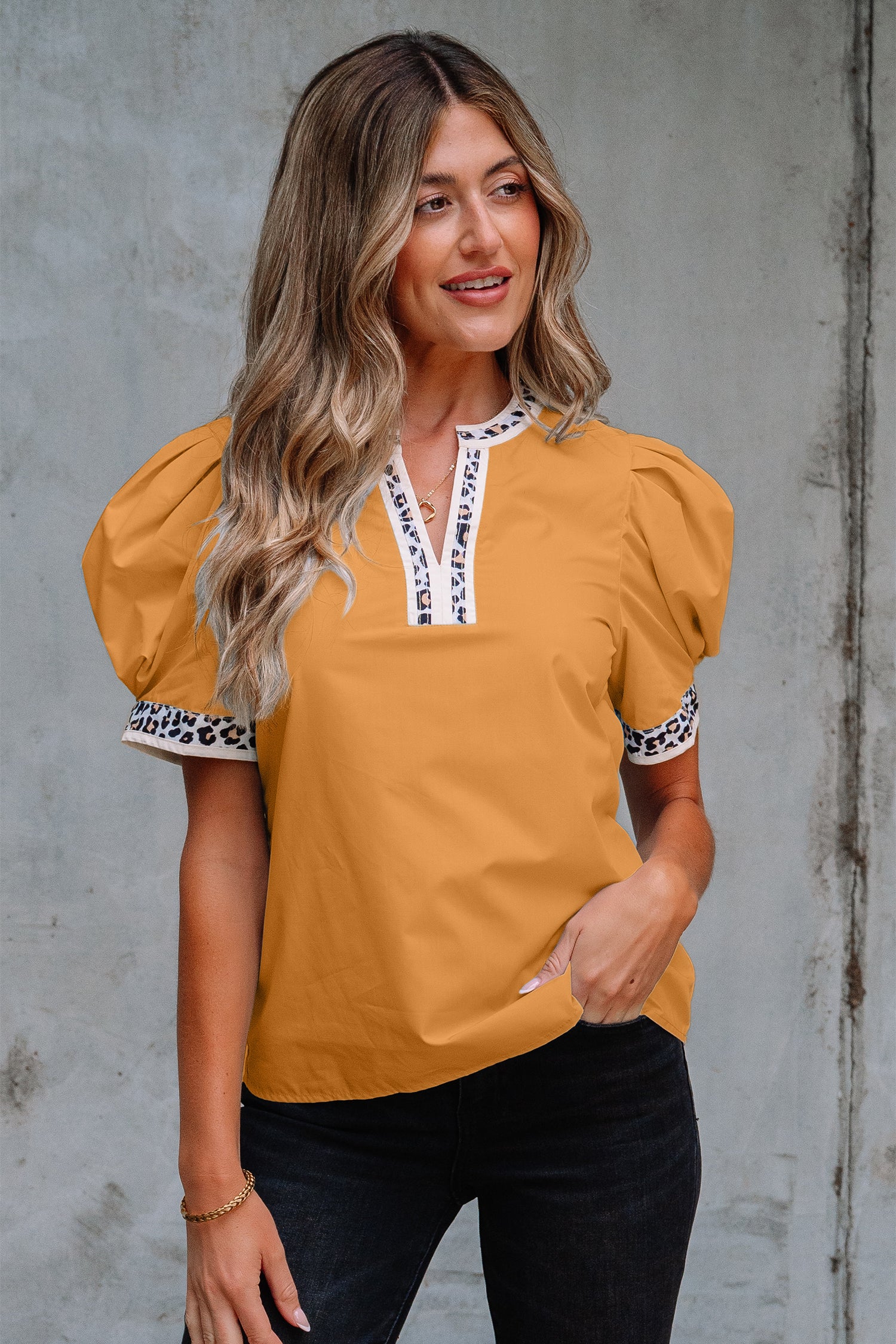 Contrast Leopard Trim Split Neck Puff Sleeve Blouse