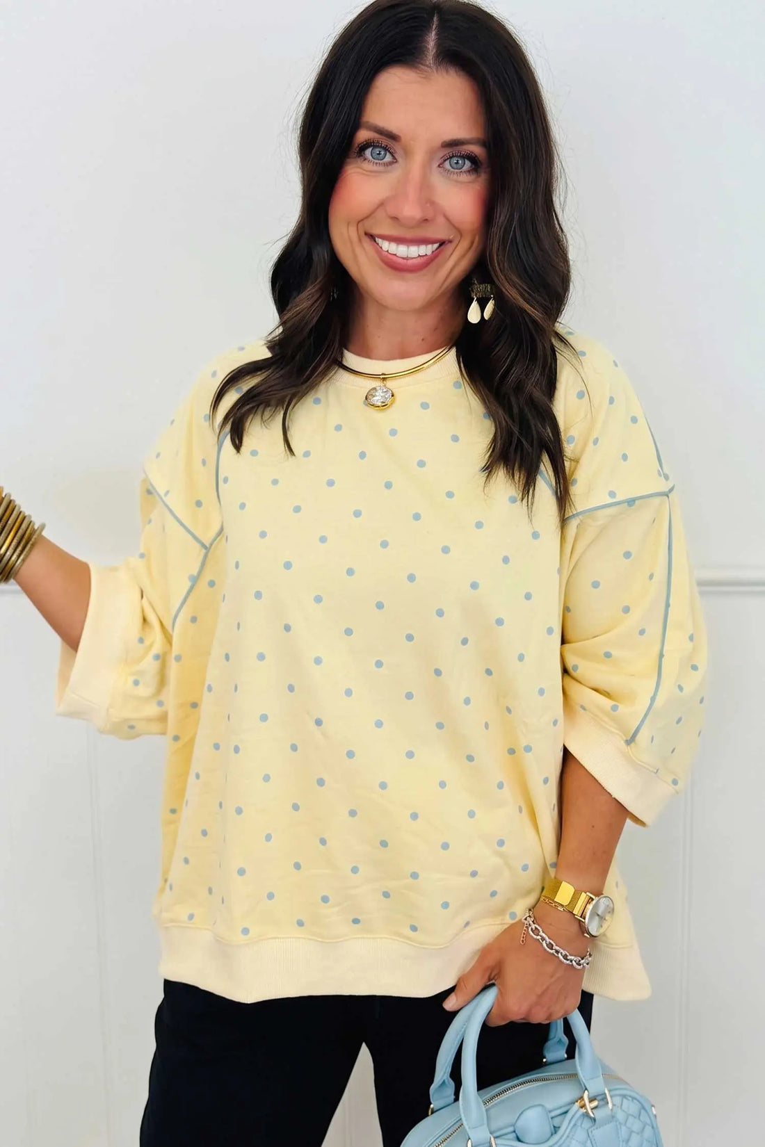 Polka Dot Print Piping Trim 3/4 Sleeve Relaxed Top – Yellow