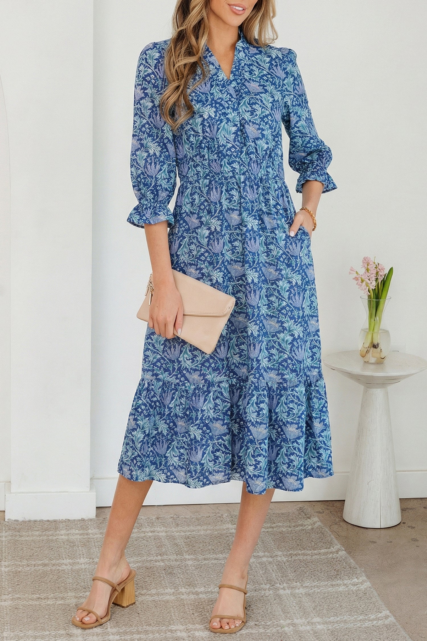 Floral Printed Frilled V-Neck Bracelet Sleeve Long Dress