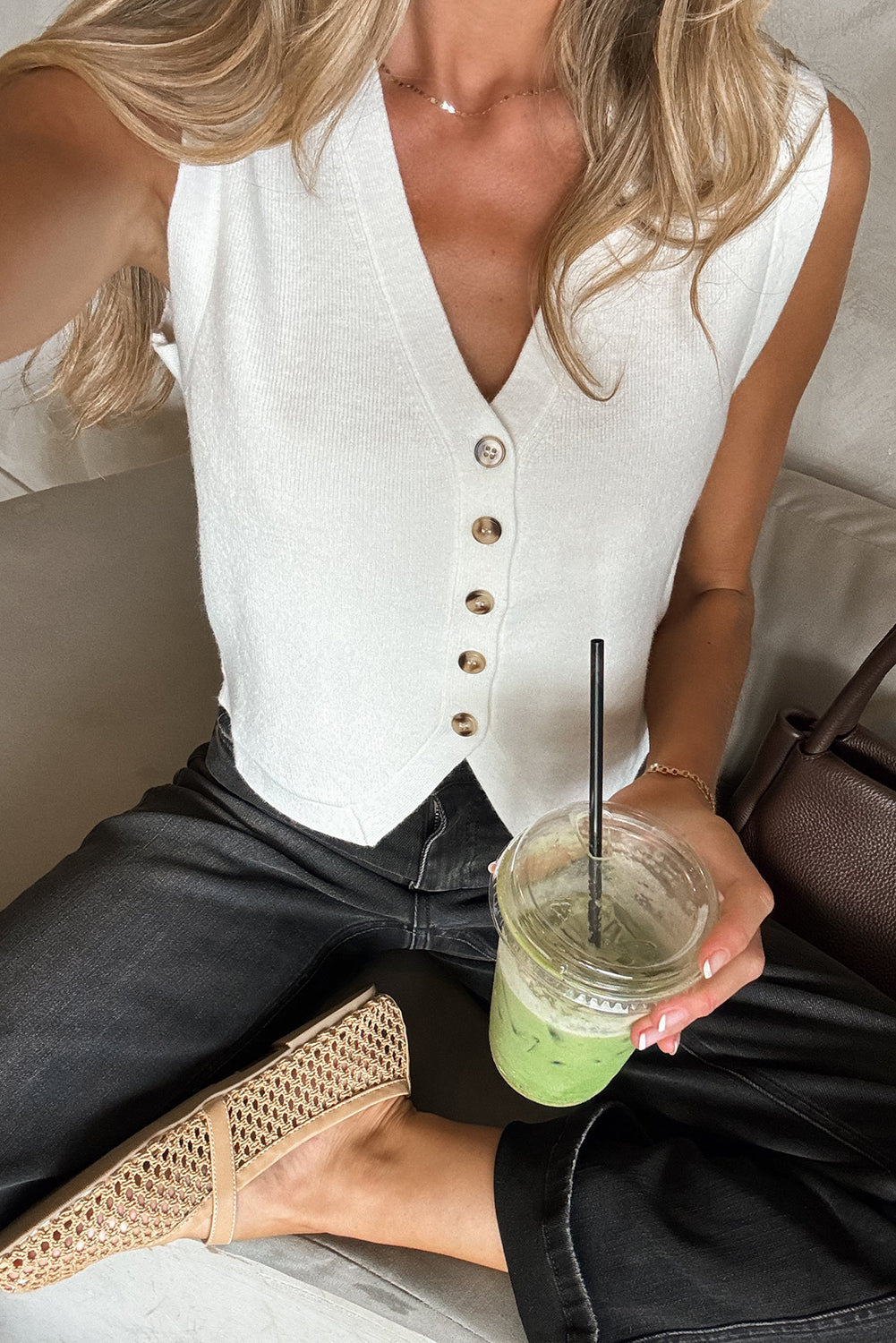 White V Neck Buttoned Sweater Vest eAura