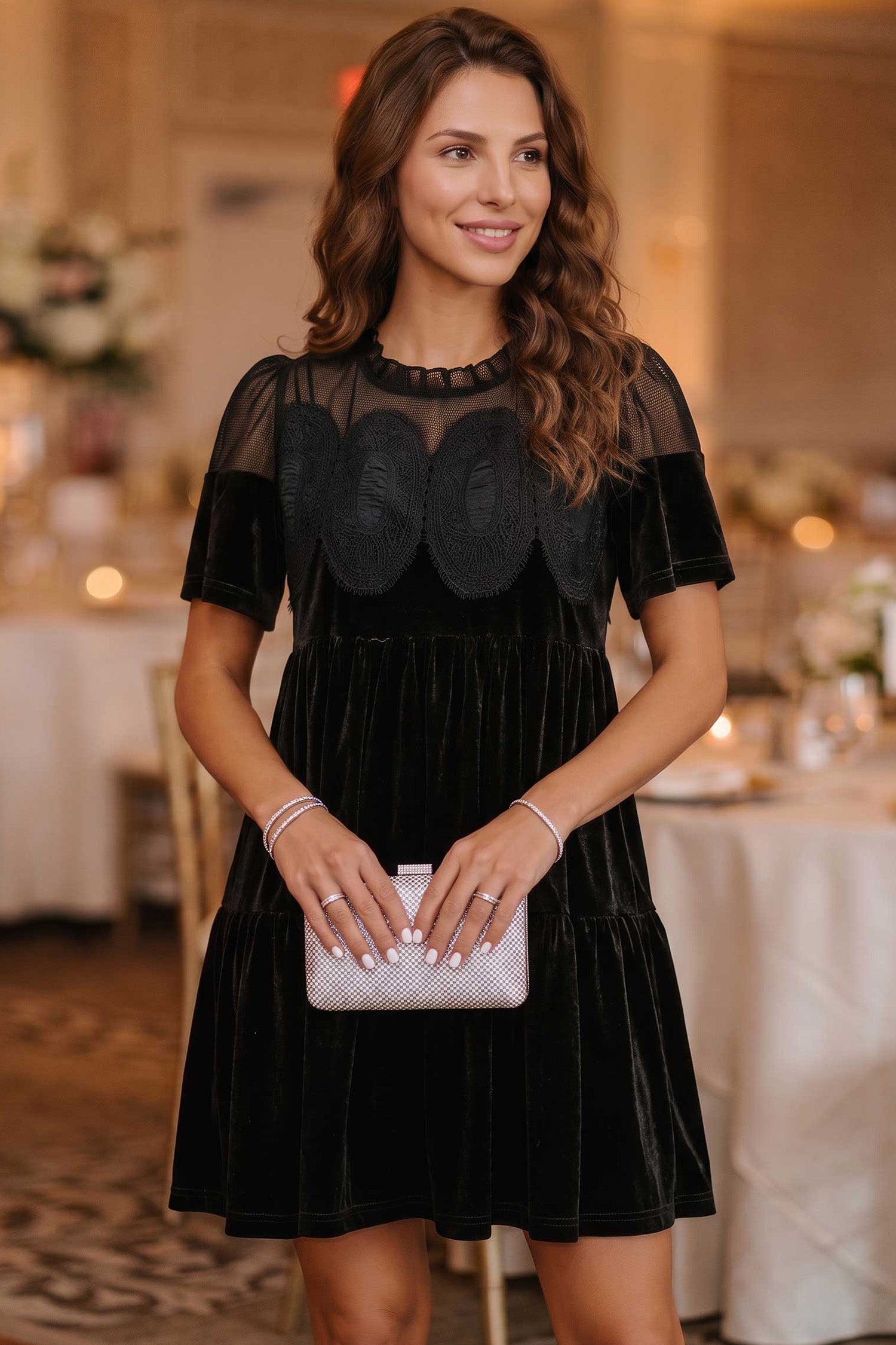 Embroidered Velvet Short Sleeve Mini Shift Dress – Black
