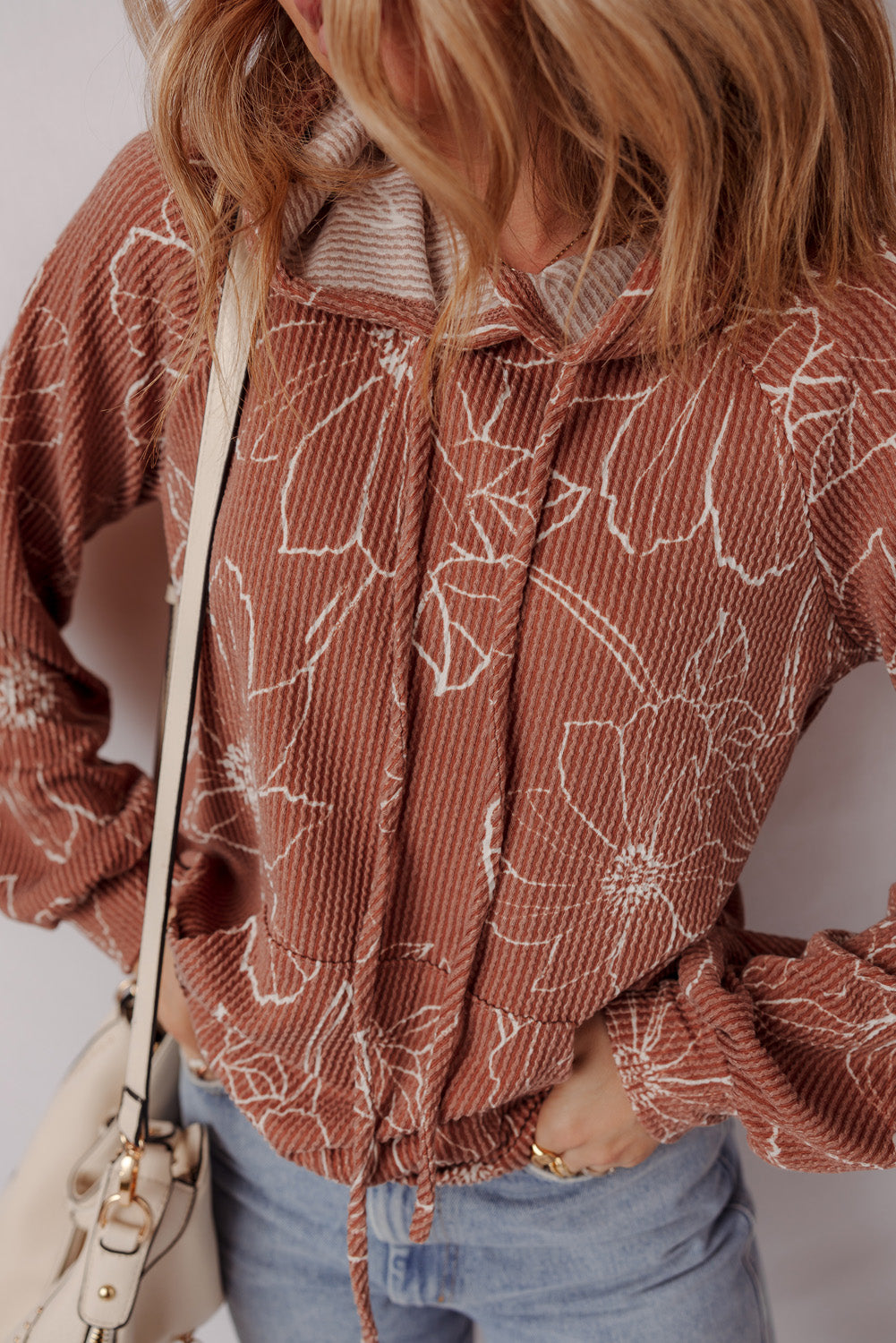 Brown Floral Rib Drawstring Kangaroo Pocket Hoodie - eAura