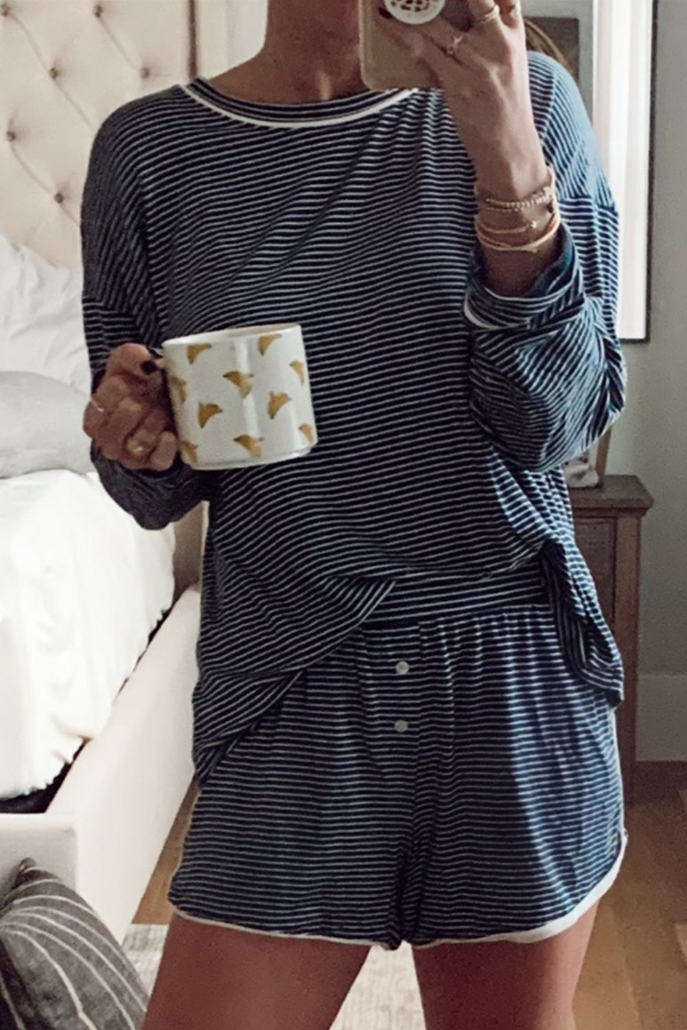 Stripe Drop Shoulder Long Sleeve Tee and Buttoned Shorts Pyjama Set - eAura