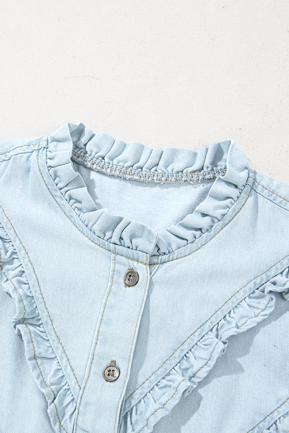 Beau Blue Mineral Wash Cap Sleeve Frilled Button Up Denim Shirt eAura