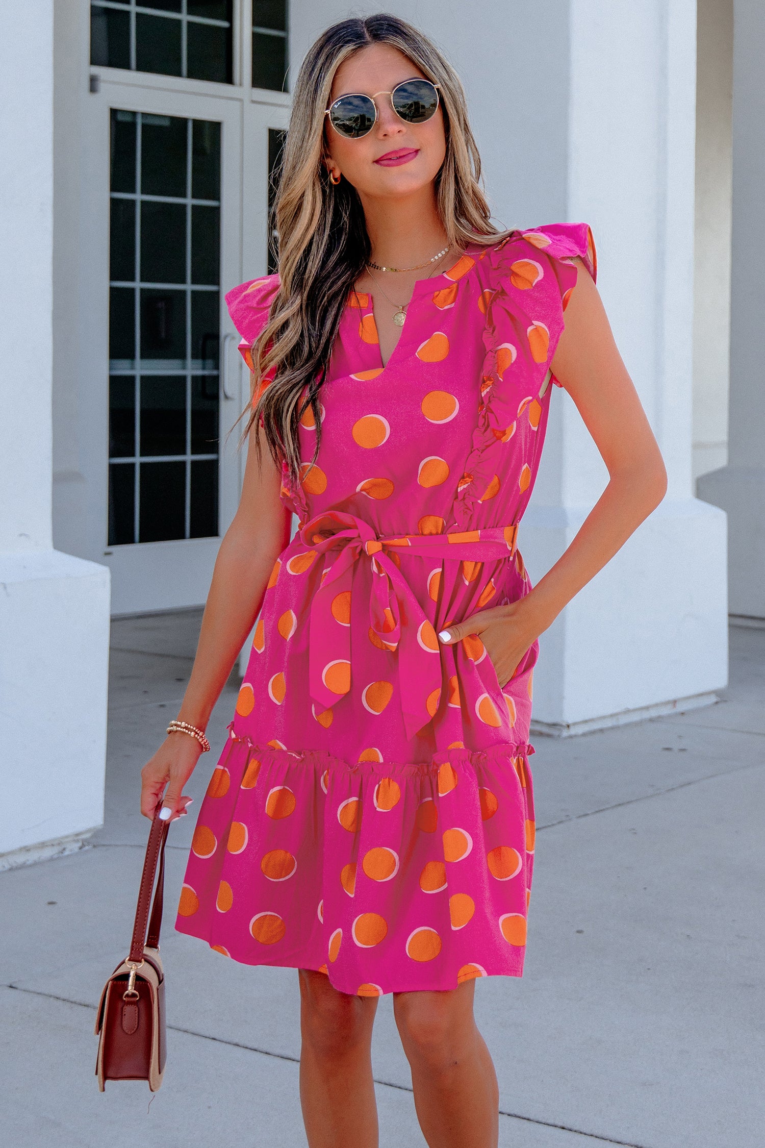 Polka Dot V Neck Ruffled Short Sleeve Mini Dress
