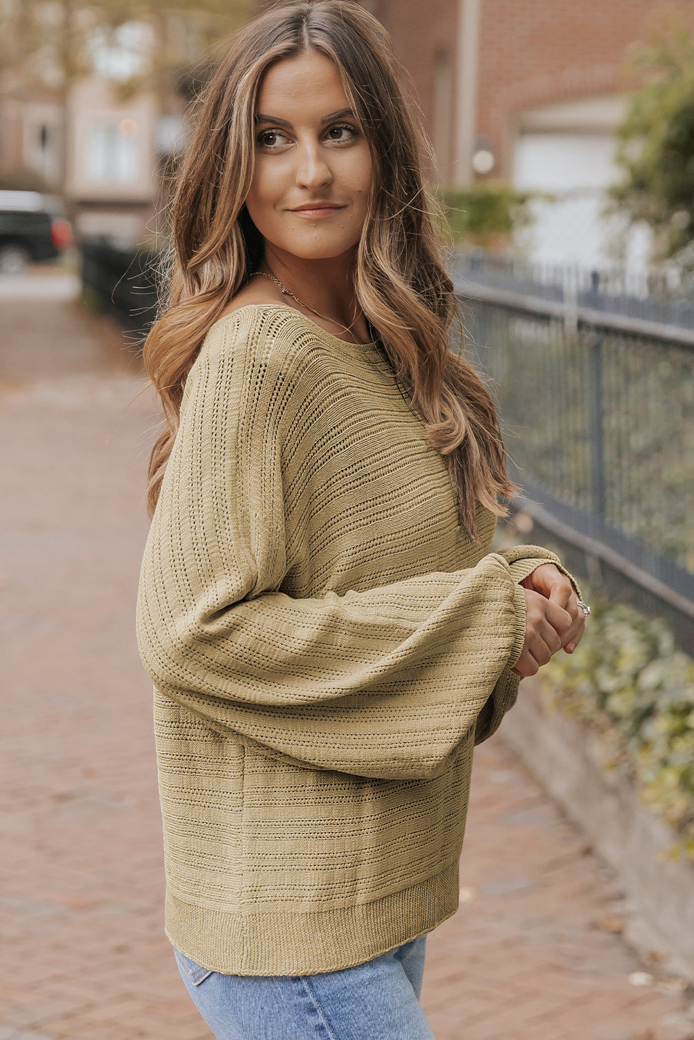 Apricot Lantern Sleeve Eyelets Textured Knit Sweater eAura