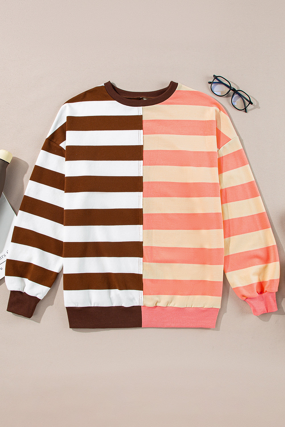 Brown Stripe Colour Block Drop Shoulder Pullover Sweatshirt eAura