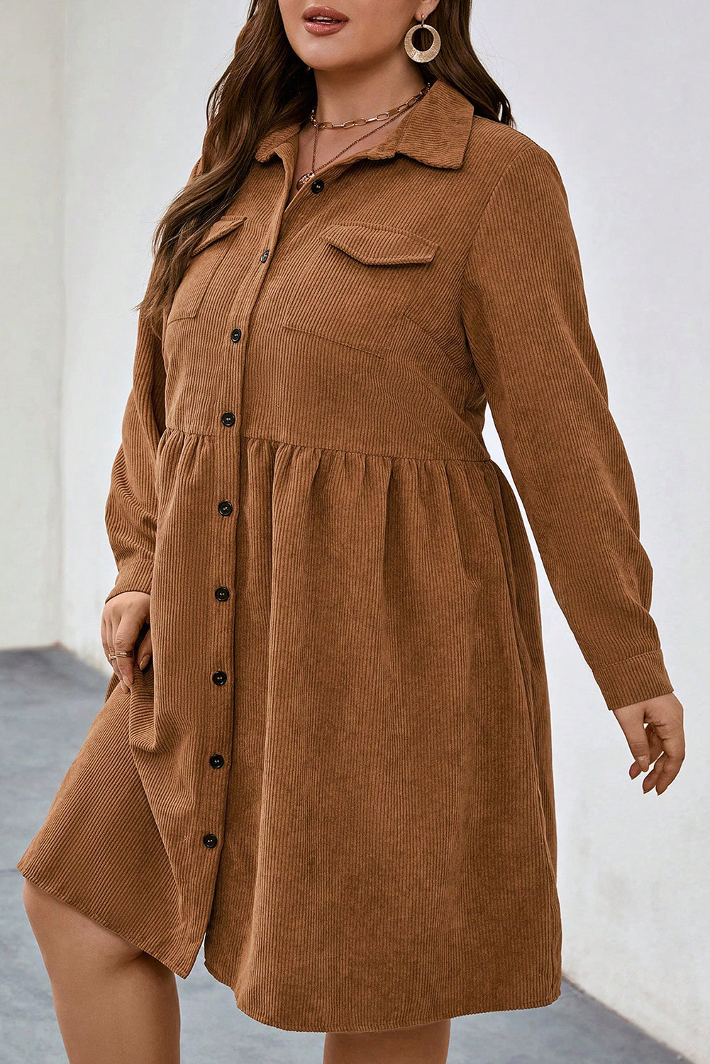 Soft Corduroy Full Buttoned Collared Shirt Dress Plus Size - eAura