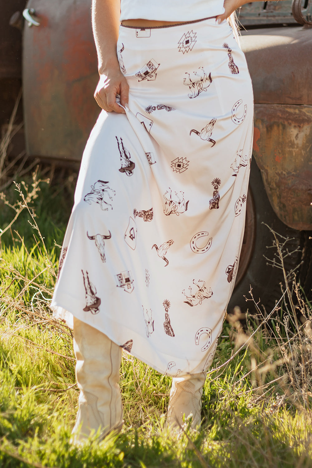 Western Print Satin Long Skirt – White