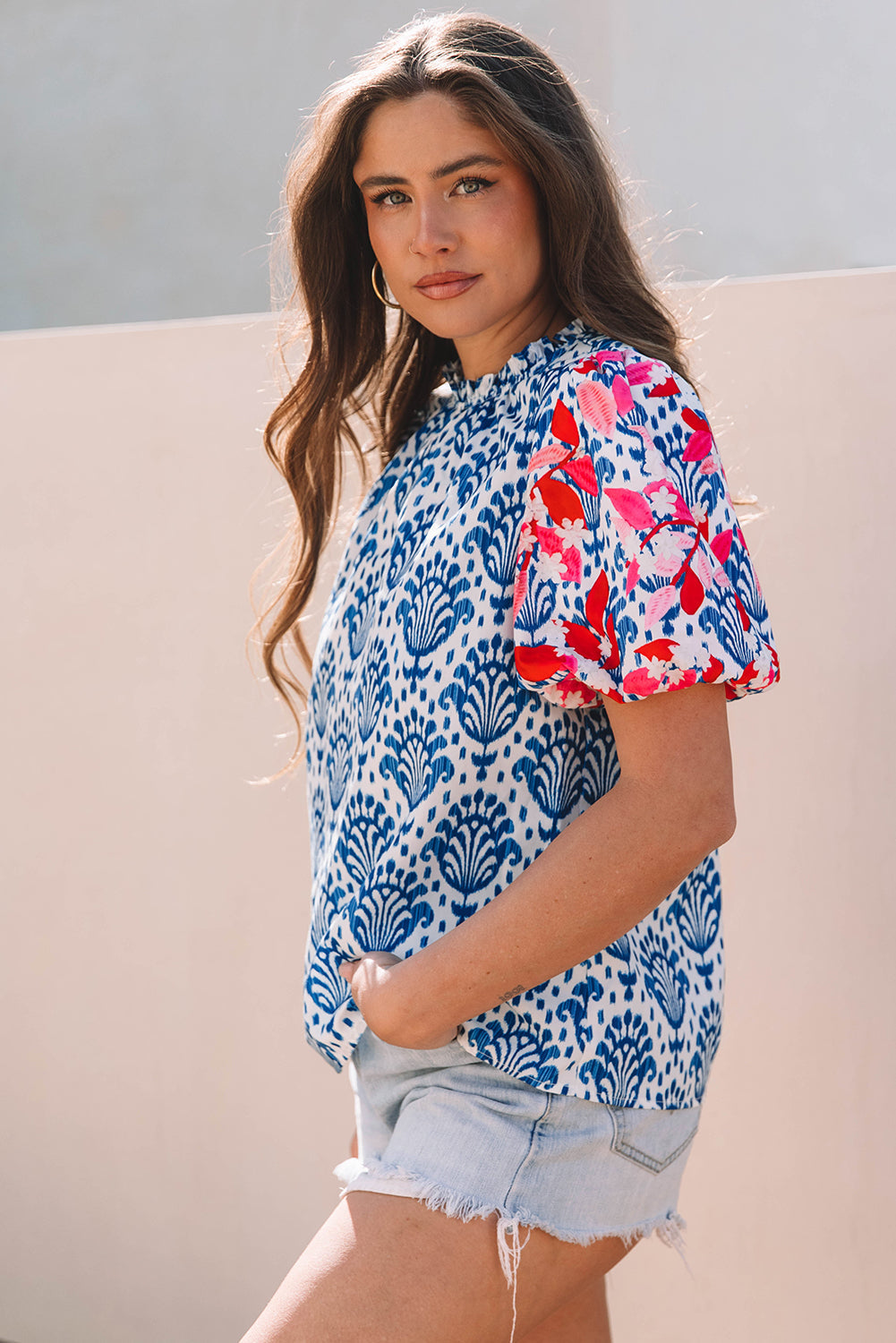 Blue Western Fashion Print Floral Puff Sleeve Frilled Neck Blouse eAura