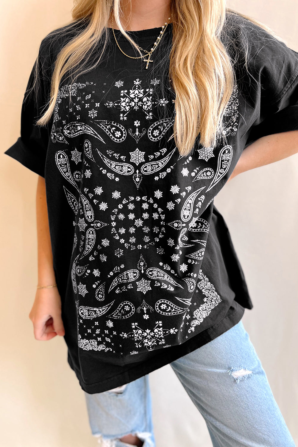Black Paisley Print Crew Neck Loose Fit Tunic Tee eAura