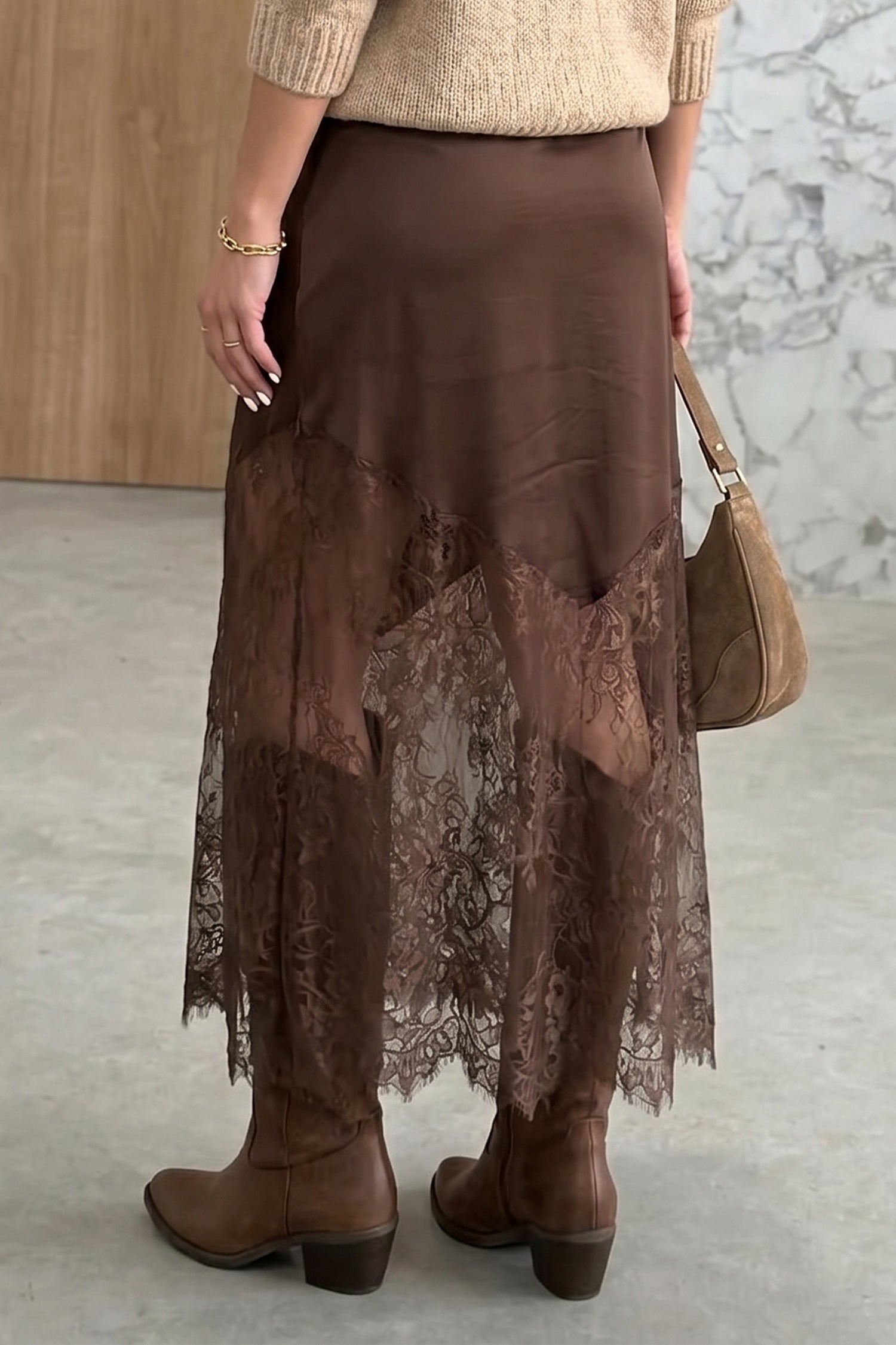 Lace Patchwork Hem Long Casual Shift Skirt – Dark Brown