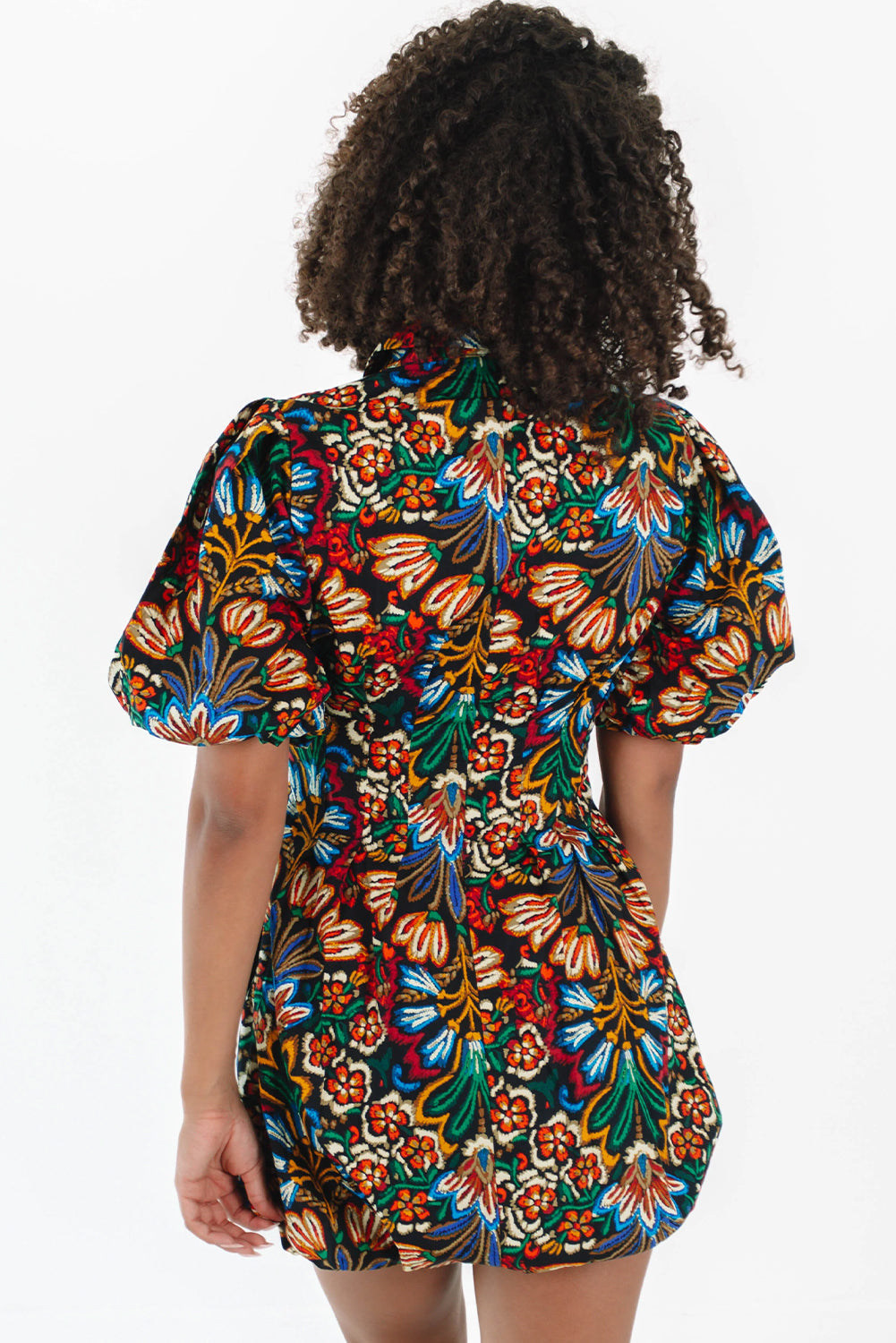 Multicolour Floral Puff Short Sleeve Shirt Mini Dress eAura