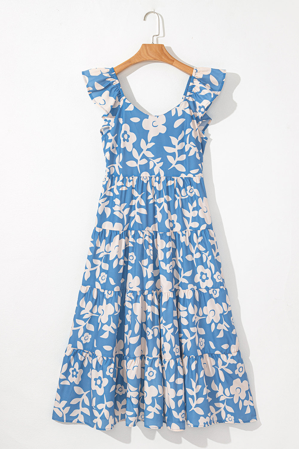 Sky Blue Floral U Neck Flutter Shoulder Tiered Flowy Midi Dress eAura