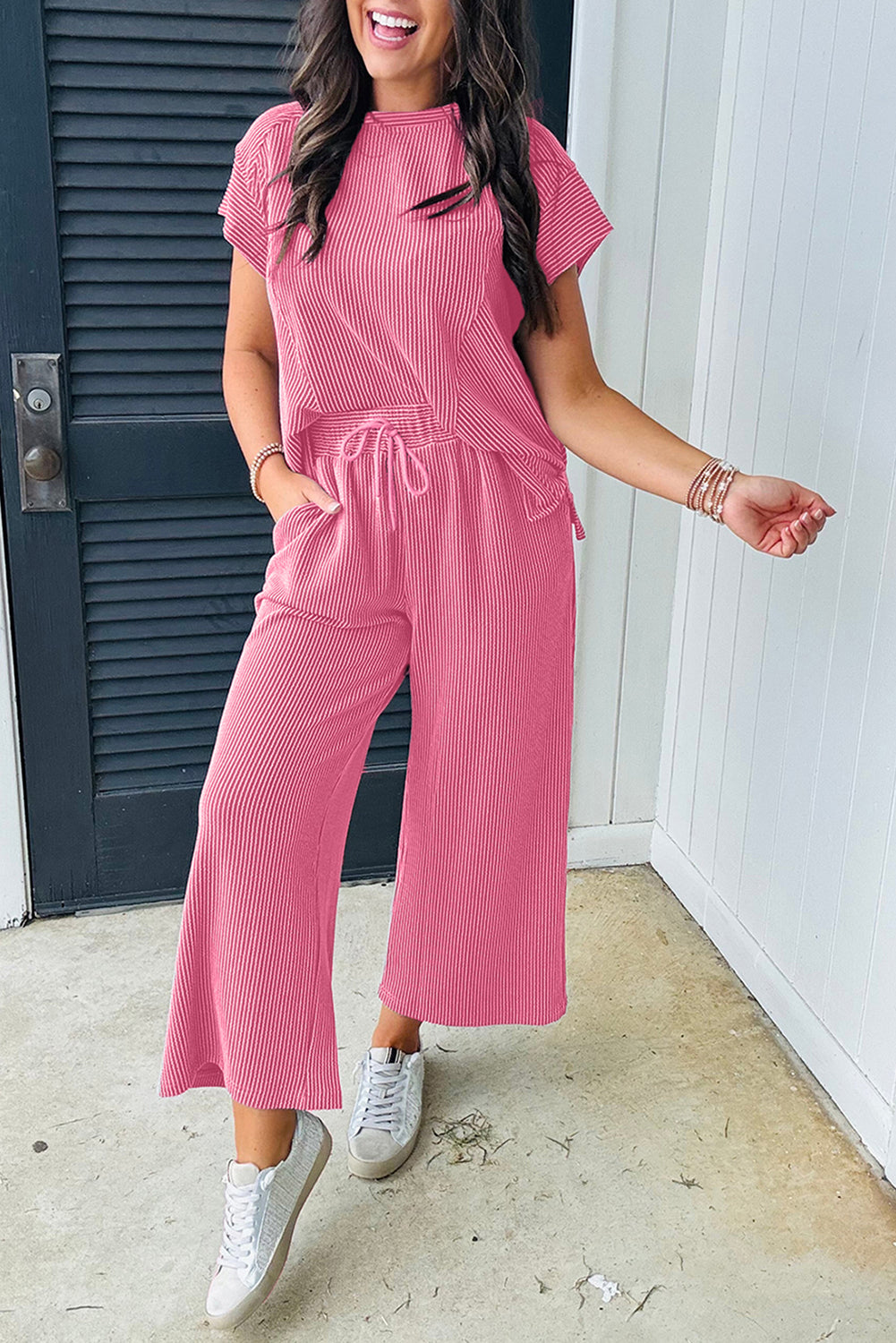 Bright Pink Solid Ribbed Knit Short Sleeve T Shirt and Wide Leg Trousers Set eAura