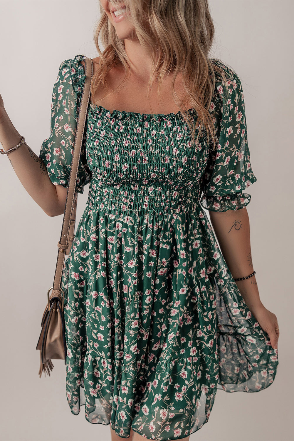 Green Smocked Square Neck Puff Short Sleeve Floral Dress eAura