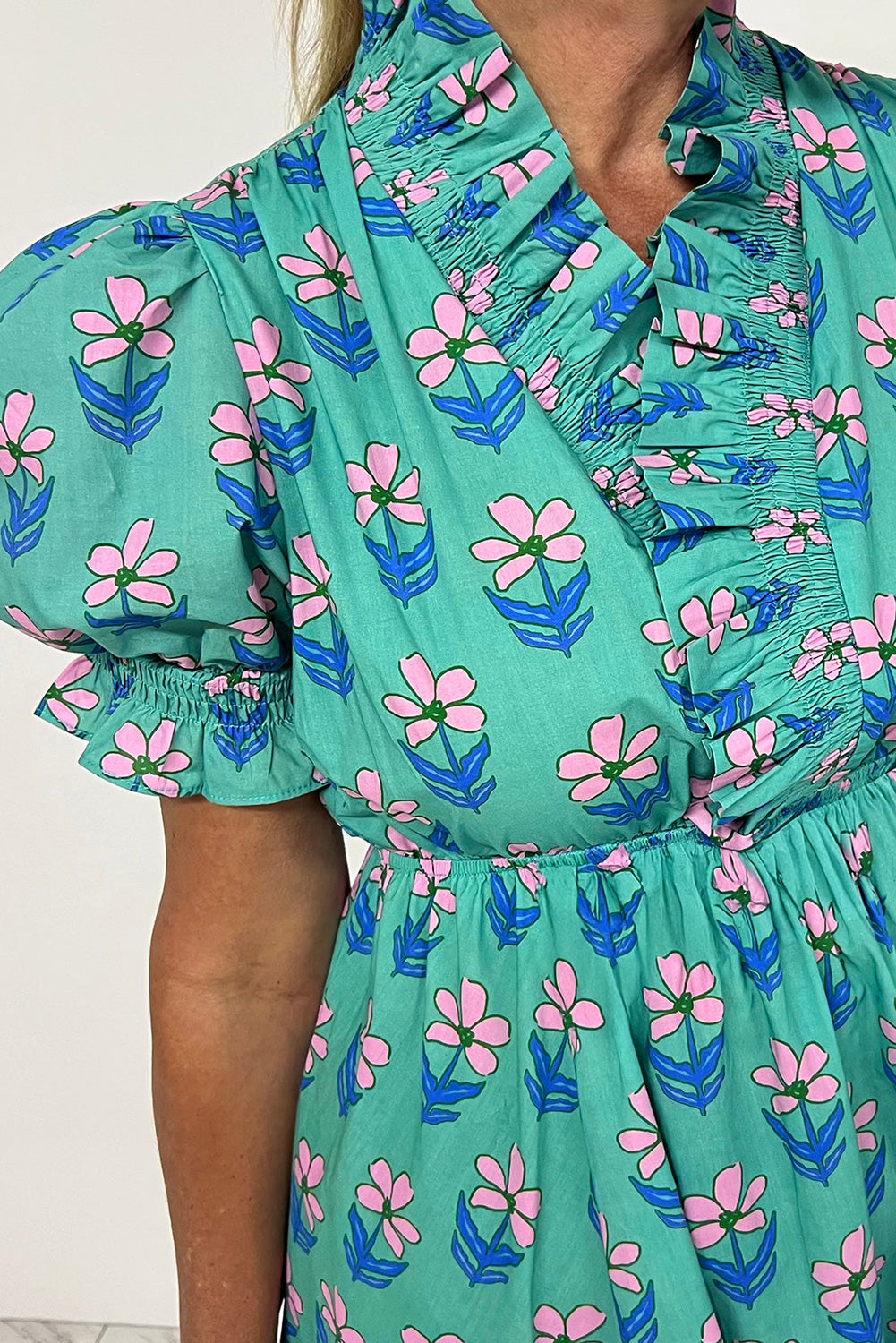 Green Floral Print Frilly Smocked Detail Mini Dress Dear-Lover Dropshipping
