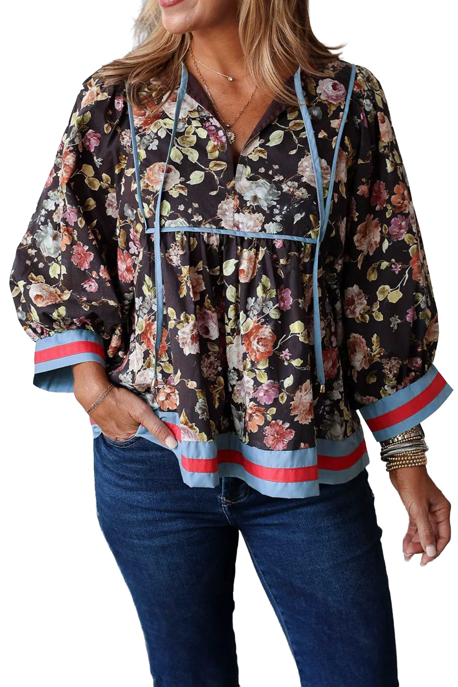 Floral Print Contrast Trim Tie V Neck Bracelet Sleeve Blouse – Black