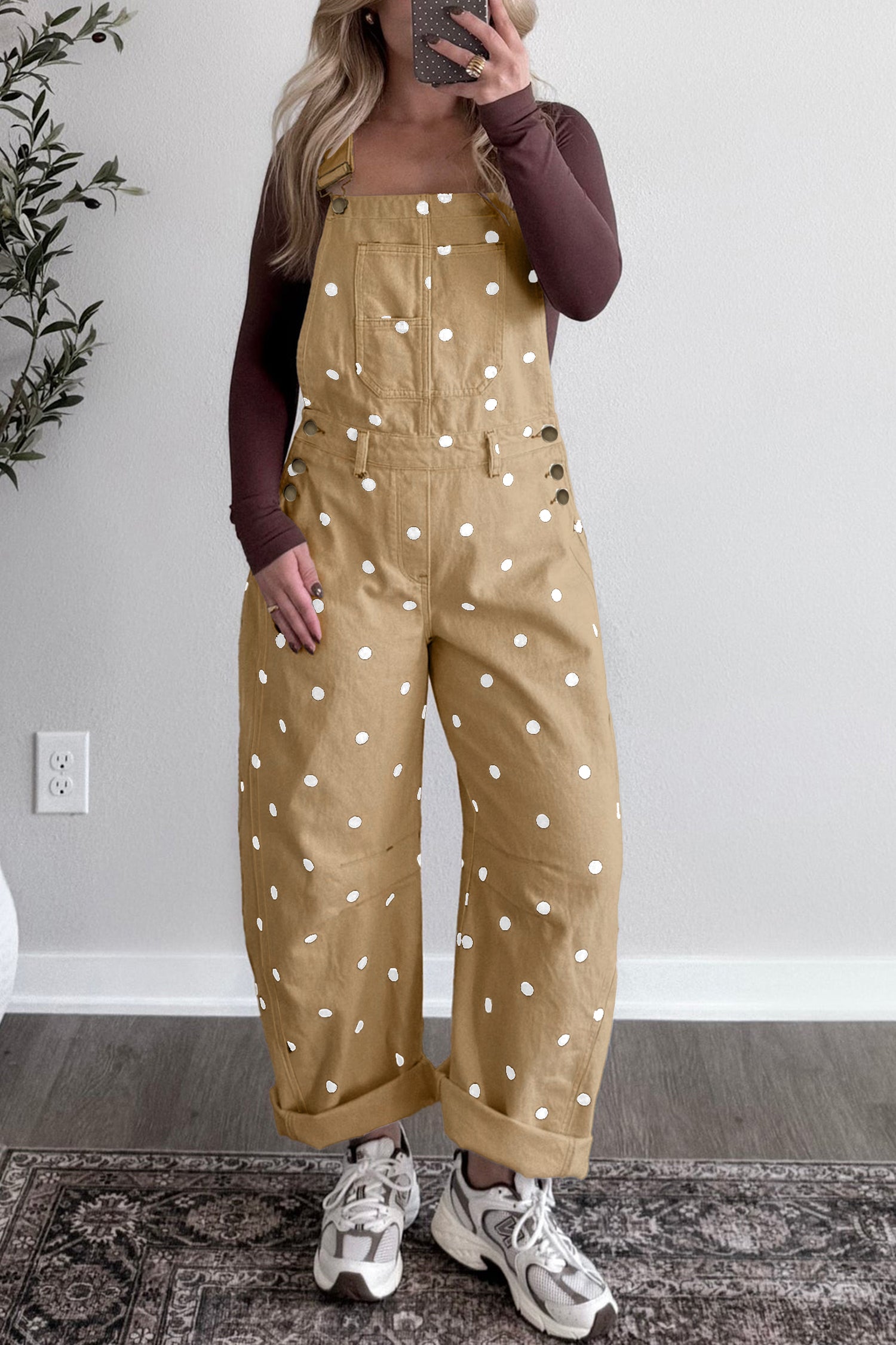 Polka Dot Print Bib Pocket Denim Barrel Overalls