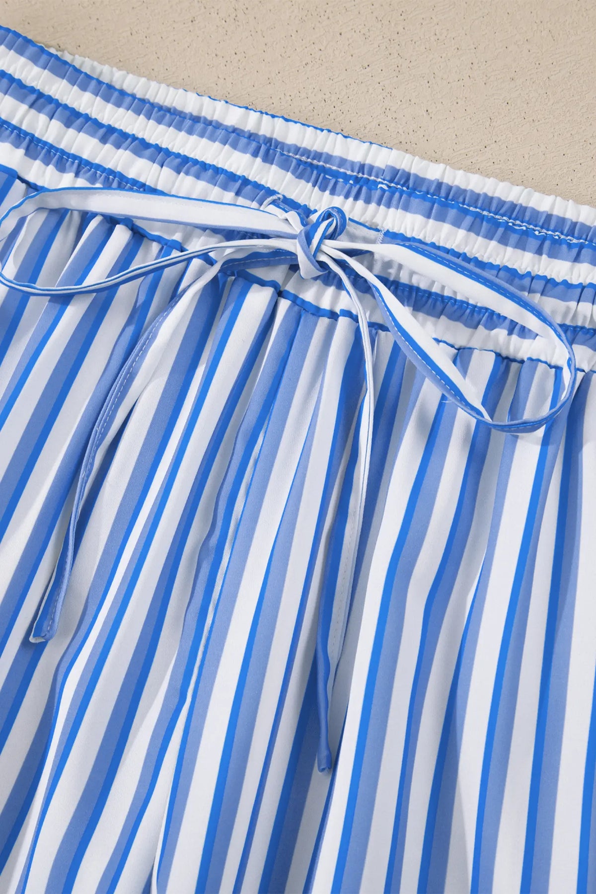 Drawstring Elastic Waist Patch Pocket Wide Leg Ankle-length Pants – Sky Blue Stripe