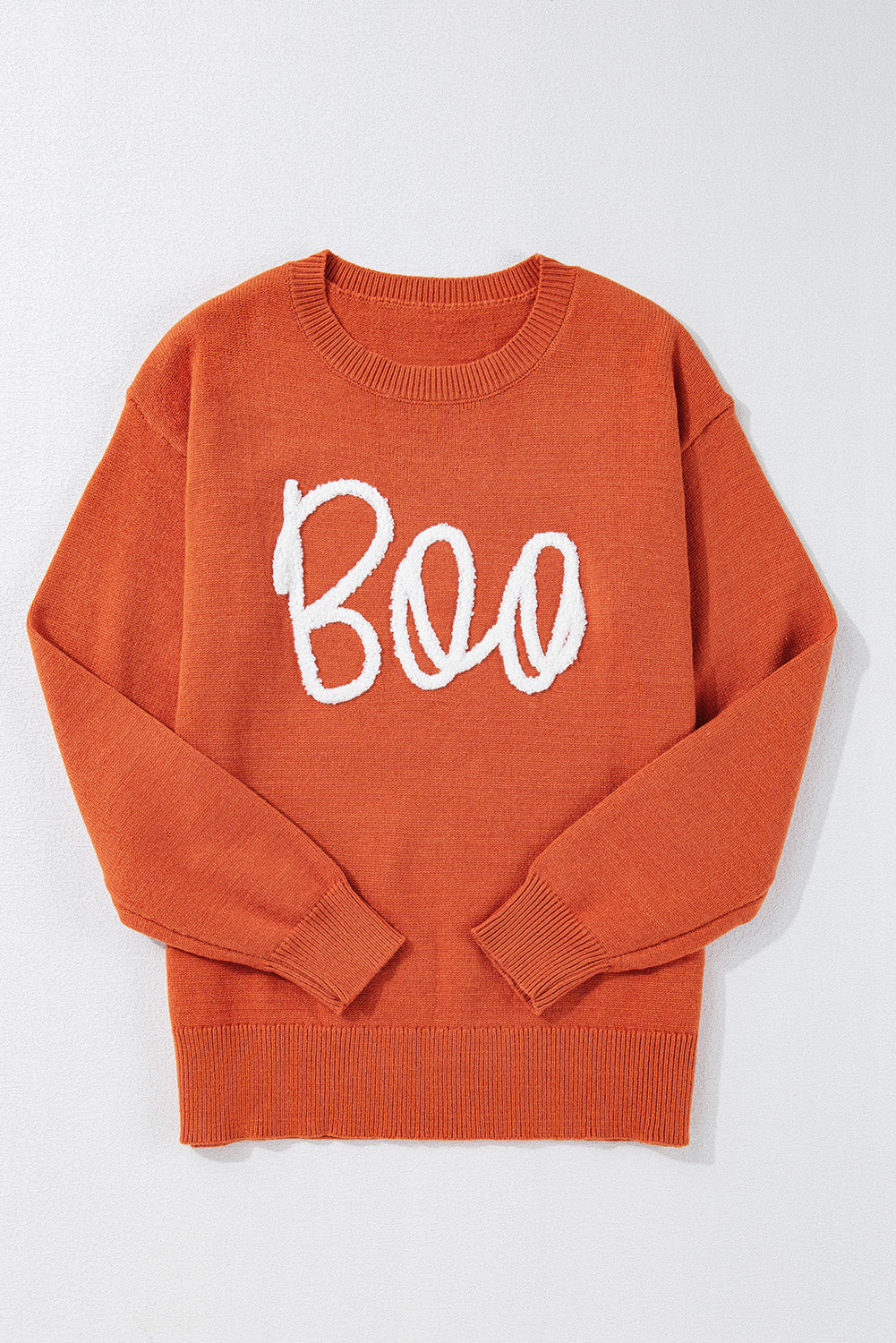 Black Boo Knitted Pattern Ribbed Edge Drop Shoulder Sweater eAura
