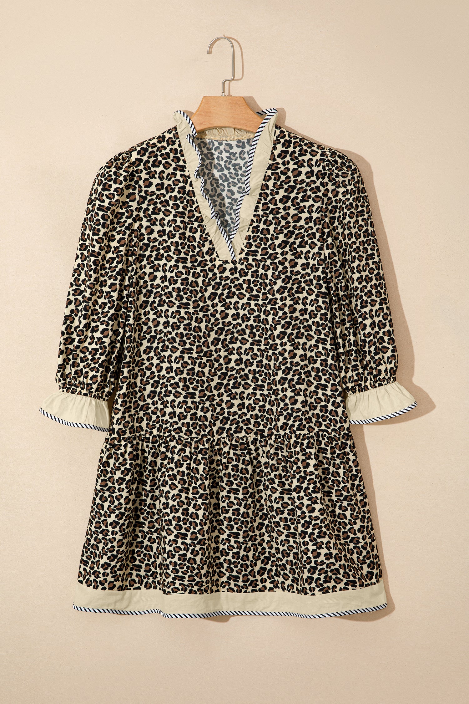 Leopard Print Colour Block Trim V-Neck Bracelet Sleeve Mini Dress