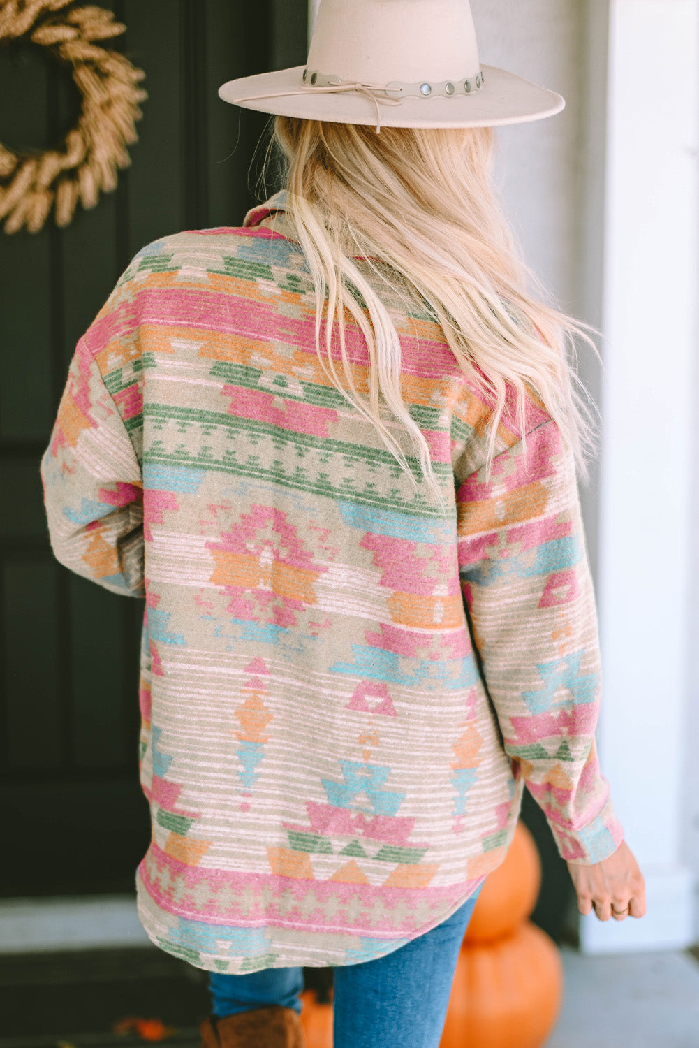 MultiColour Western Aztec Print Button Flap Pocket Shacket eAura