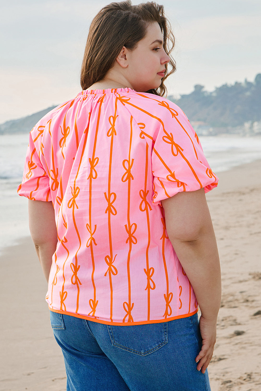Rose Bowknot Print Shirred V Neck Puff Sleeve Plus Size Blouse BB Fashion Outlet