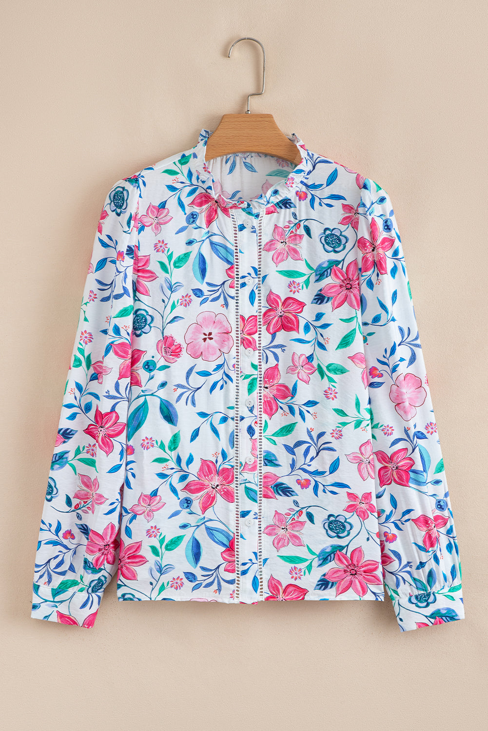 Pink Floral Print Lace Detail Button-up Long Sleeve Shirt - eAura