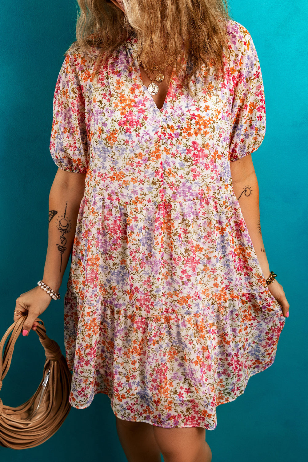 Red Floral Puff Sleeve V-Neck Tiered Mini Dress eAura