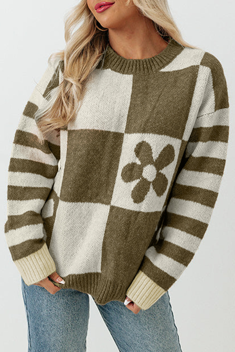 Brown Checkered Floral Print Striped Sleeve Sweater eAura