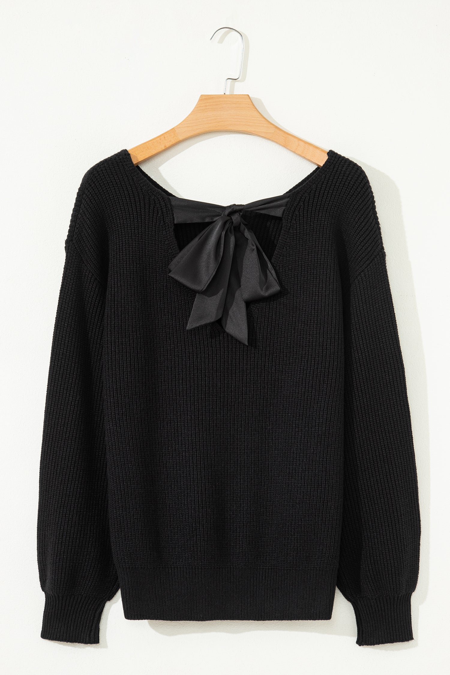 Rib Knit Ribbon Knot Backless Drop Shoulder Sweater