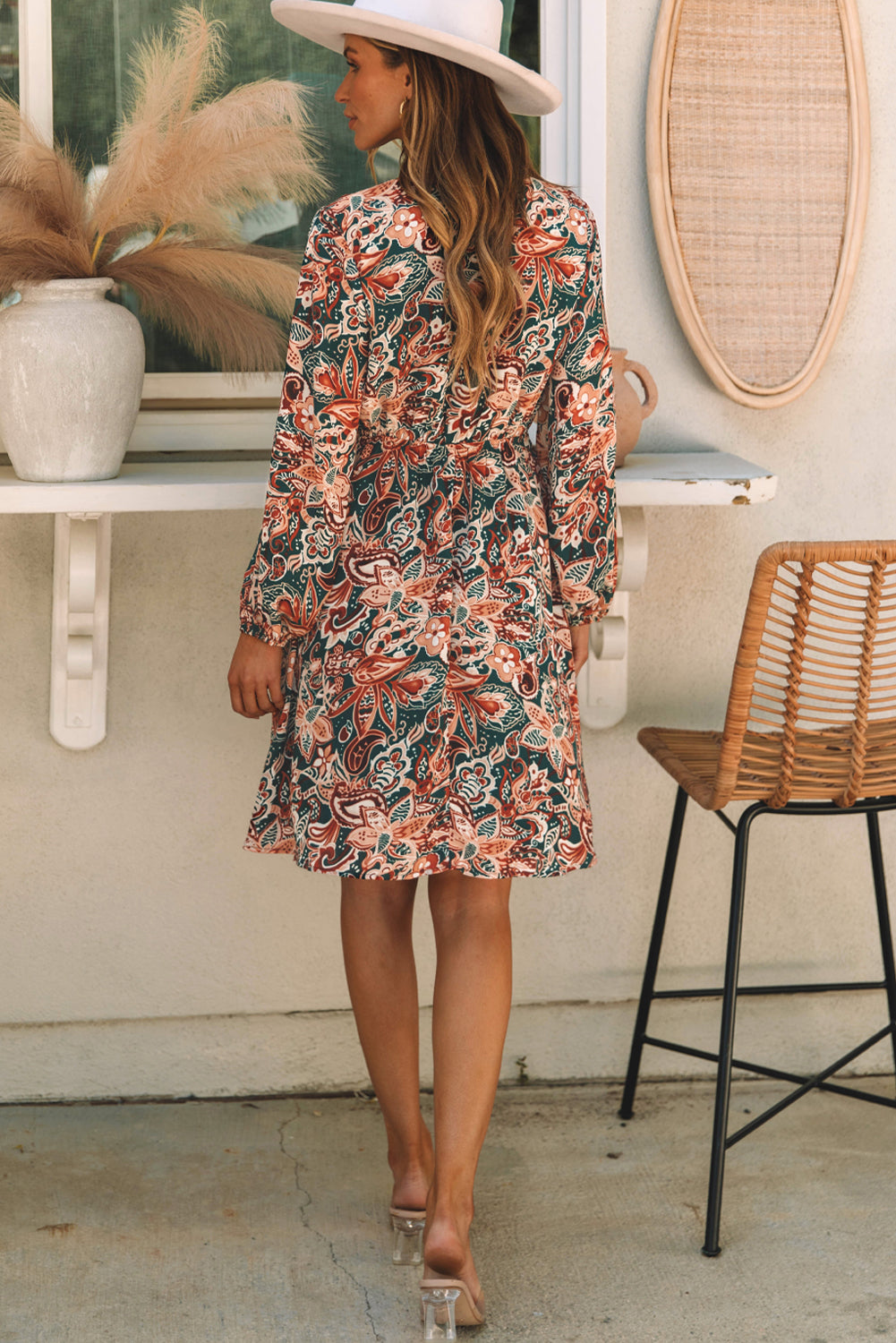 Brown Geometric Print Long Sleeve Surplice Flowy Dress eAura