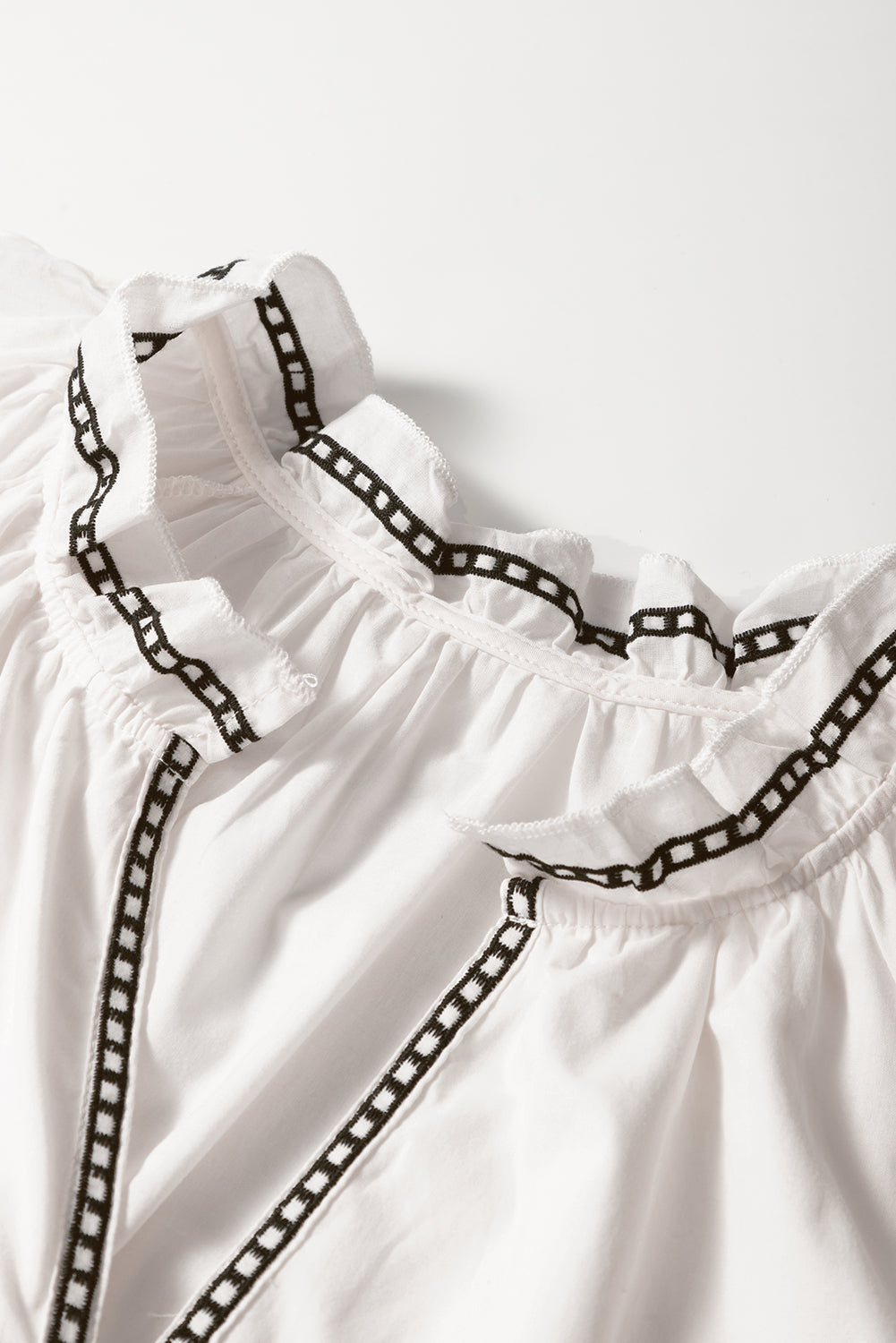 White Floral Embroidered Short Sleeve V Neck Blouse eAura