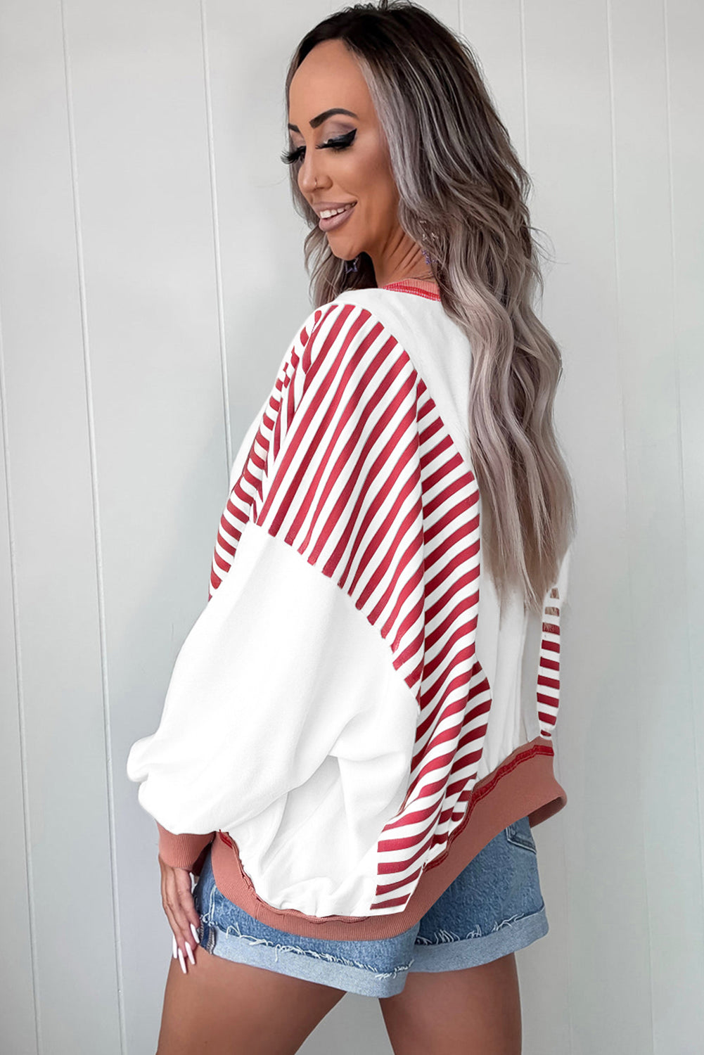 Striped Contrast Stitching Oversized Sweatshirt - eAura