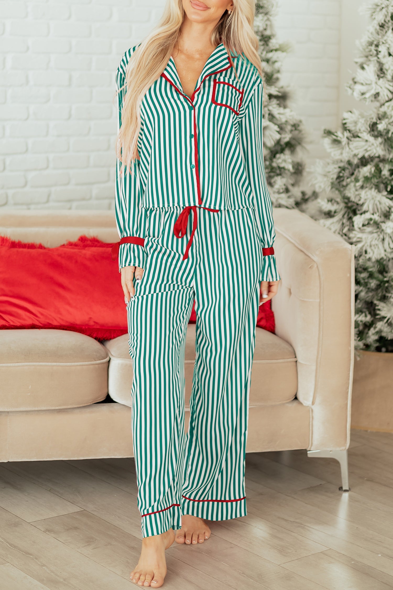 Striped Contrast Velvet Trim Bow Knot Waist Pyjama Set - Loungewear & Sleepwear/Sleepwear