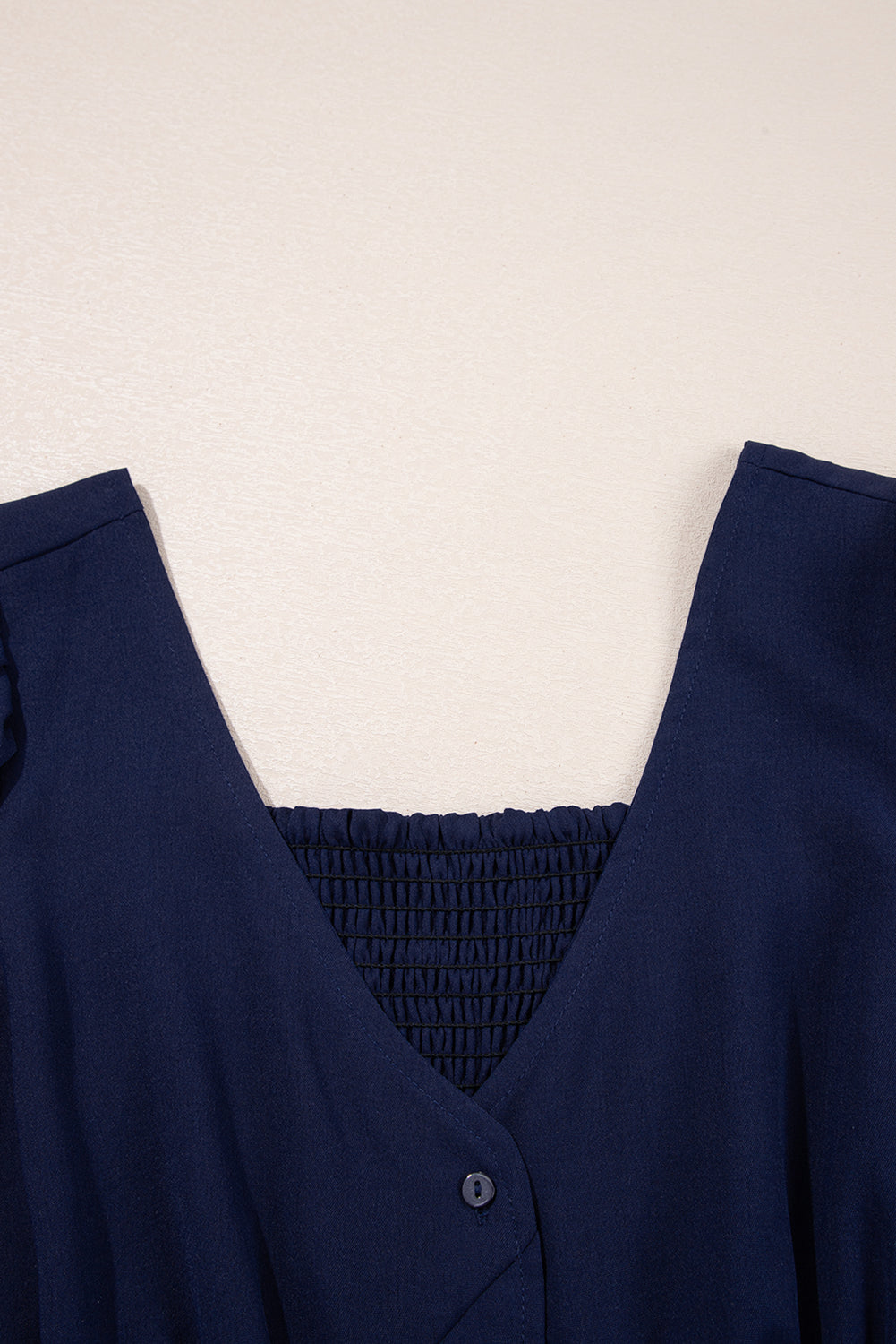 Navy Blue V Neck Buttoned Front Shirred Back Short Sleeve Midi Dress eAura