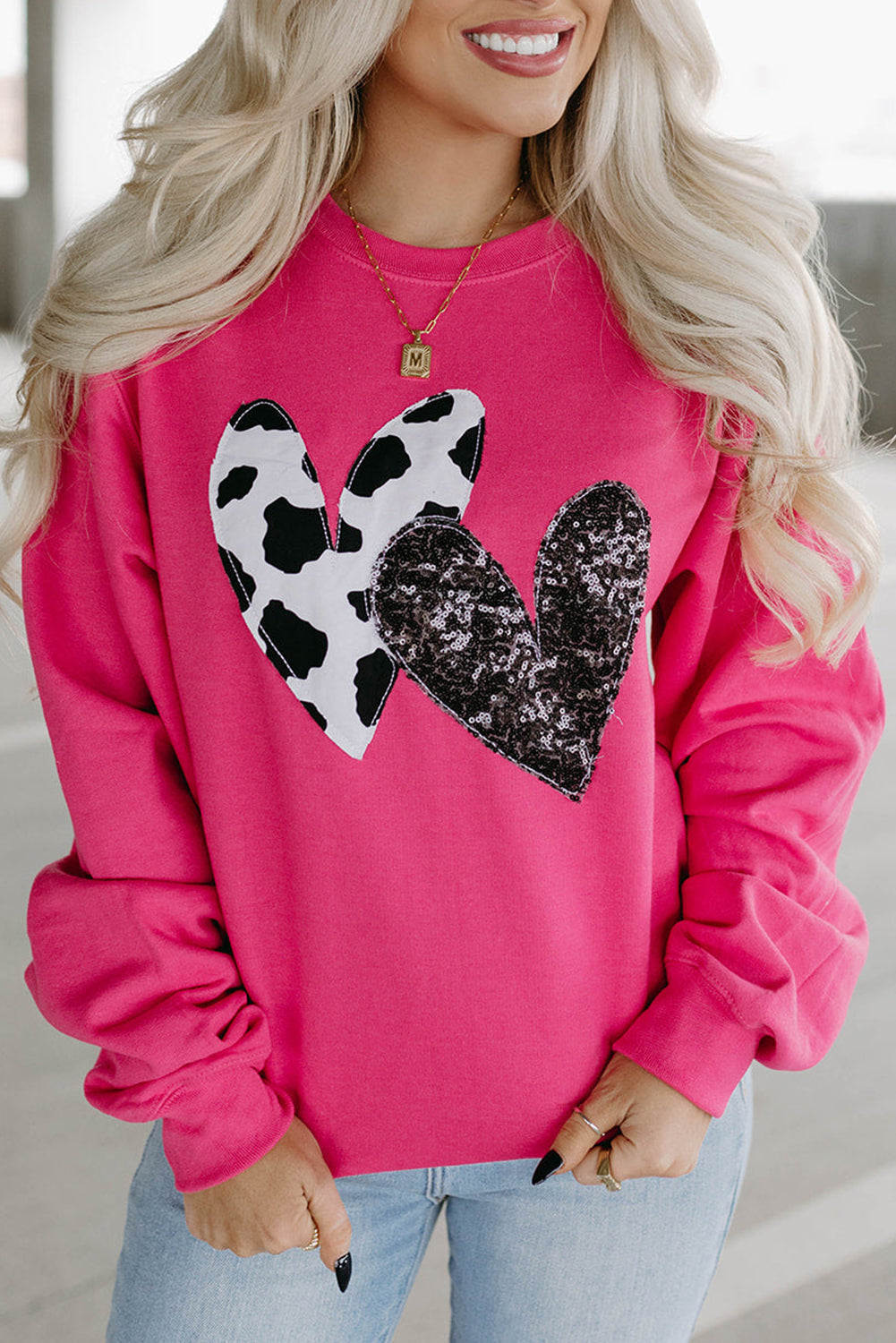 Strawberry Pink Cow & Sequin Double Heart Patch Graphic Sweatshirt eAura