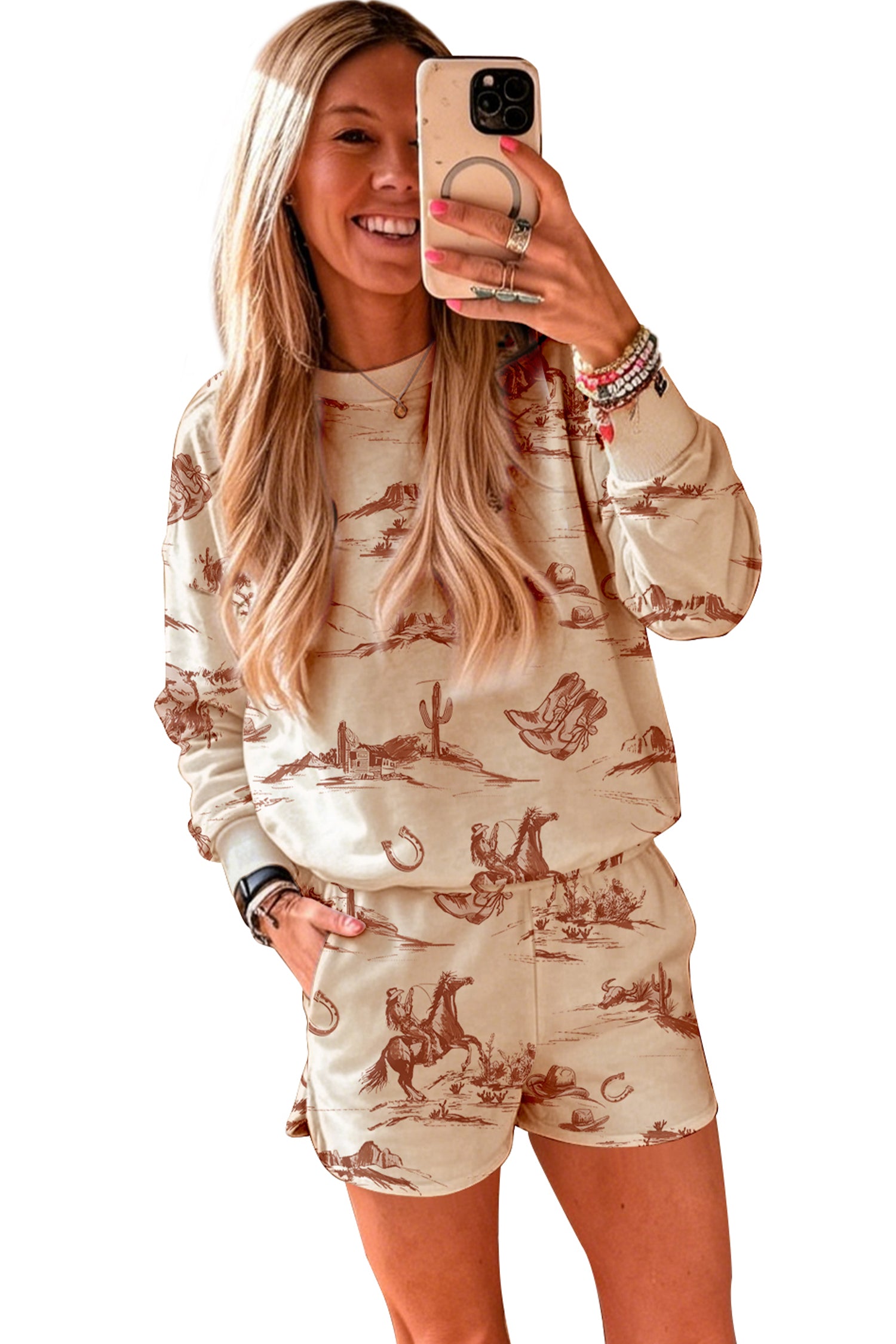 Western Print Loose Fit Long Sleeve Top Short Set – Beige