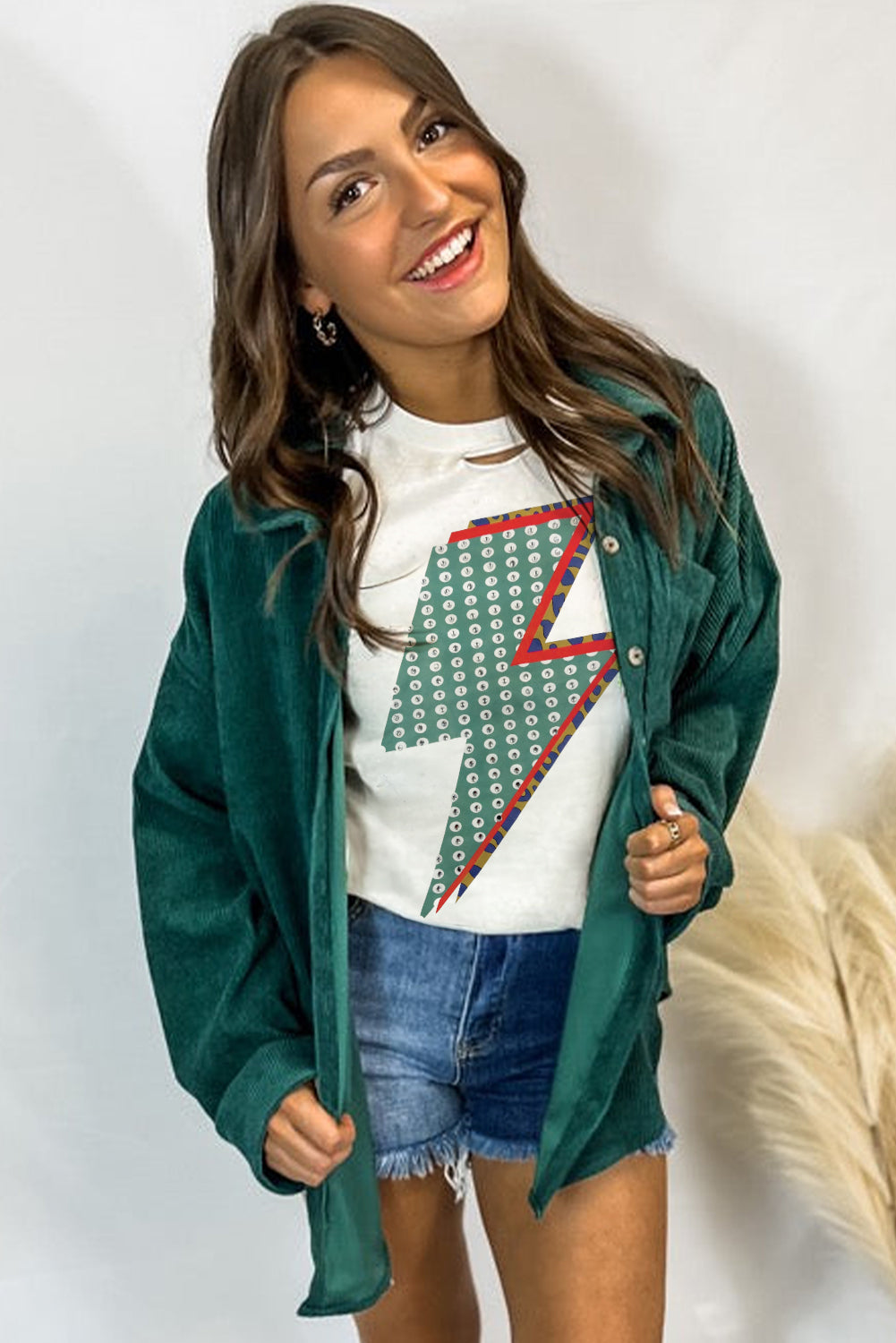 White Rhinestone Decor Bolt Graphic Ripped Western Tee eAura