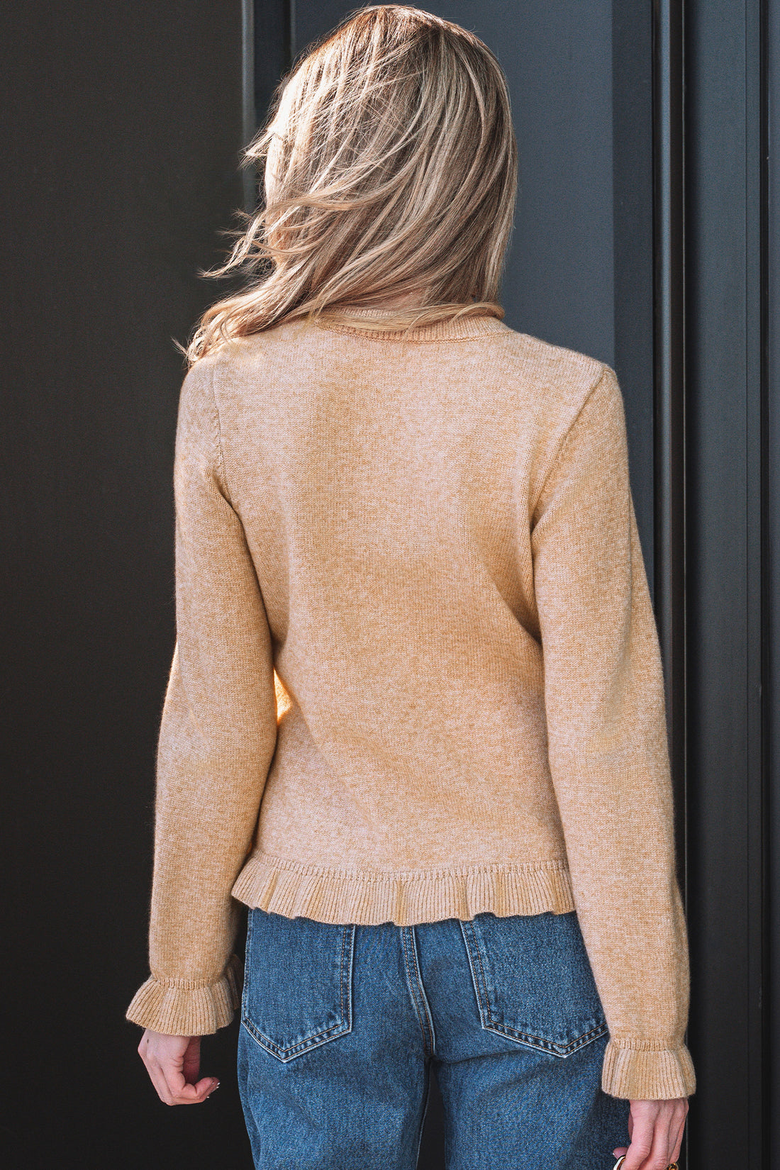 Oatmeal Ruffle Trim Gold Button Sweater Cardigan